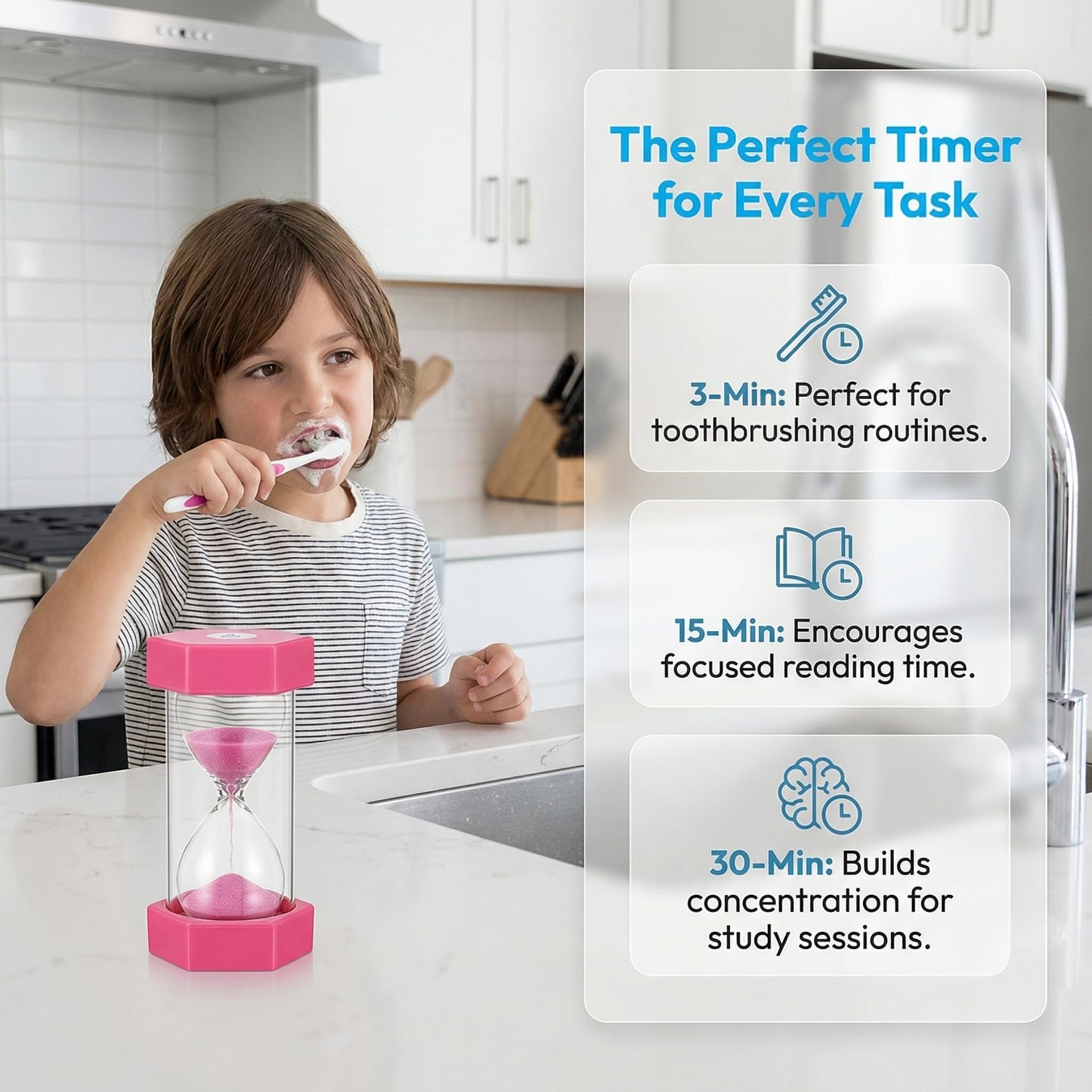 GLEAVI Visual Sand Timer for Kids, 4 Pcs Shatterproof Hexagonal Hourglass Timers (3, 10, 15, 30 Min), Anti-Roll Colorful Countdown Clock for Classroom, Toothbrushing, Study Focus, Visual Schedu