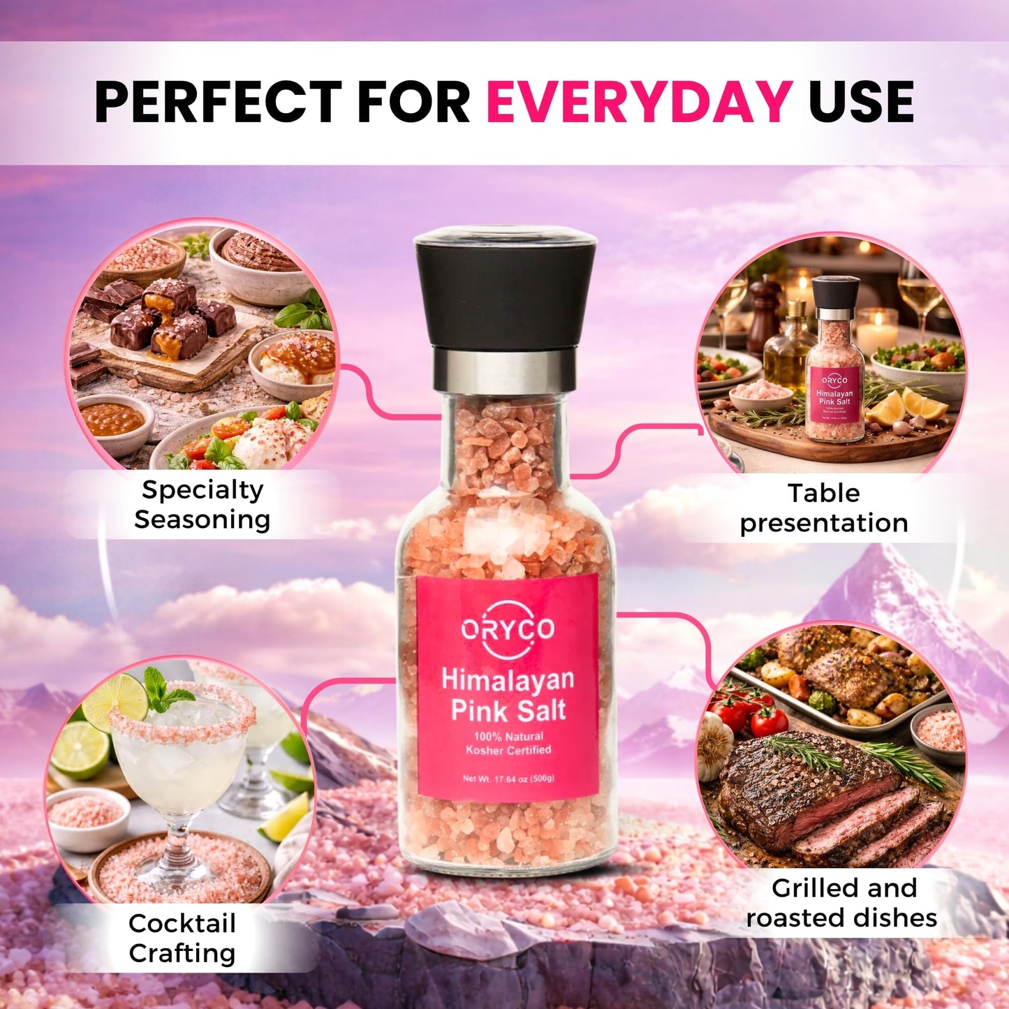 Oryco Himalayan Pink Salt Glass Grinder (17.64 oz) 500g – Refillable Coarse Pink Salt with Grinder, 100% Natural, Kosher, Non-GMO, Fresh Ground Salt for Cooking, BBQ & Kitchen Use
