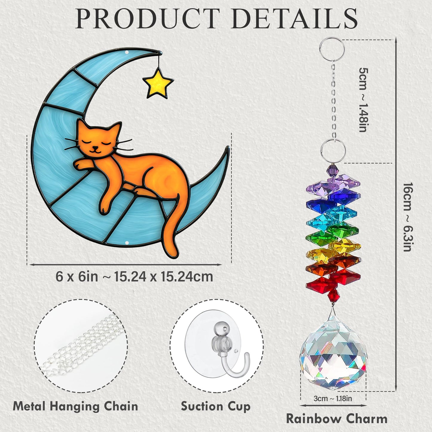 MALFIRST Orange Cat Suncatcher – Cute Orange Cats Hanging on Crescent Moon – Tabby Cat Gifts for Women, Home Window or Garden Decor