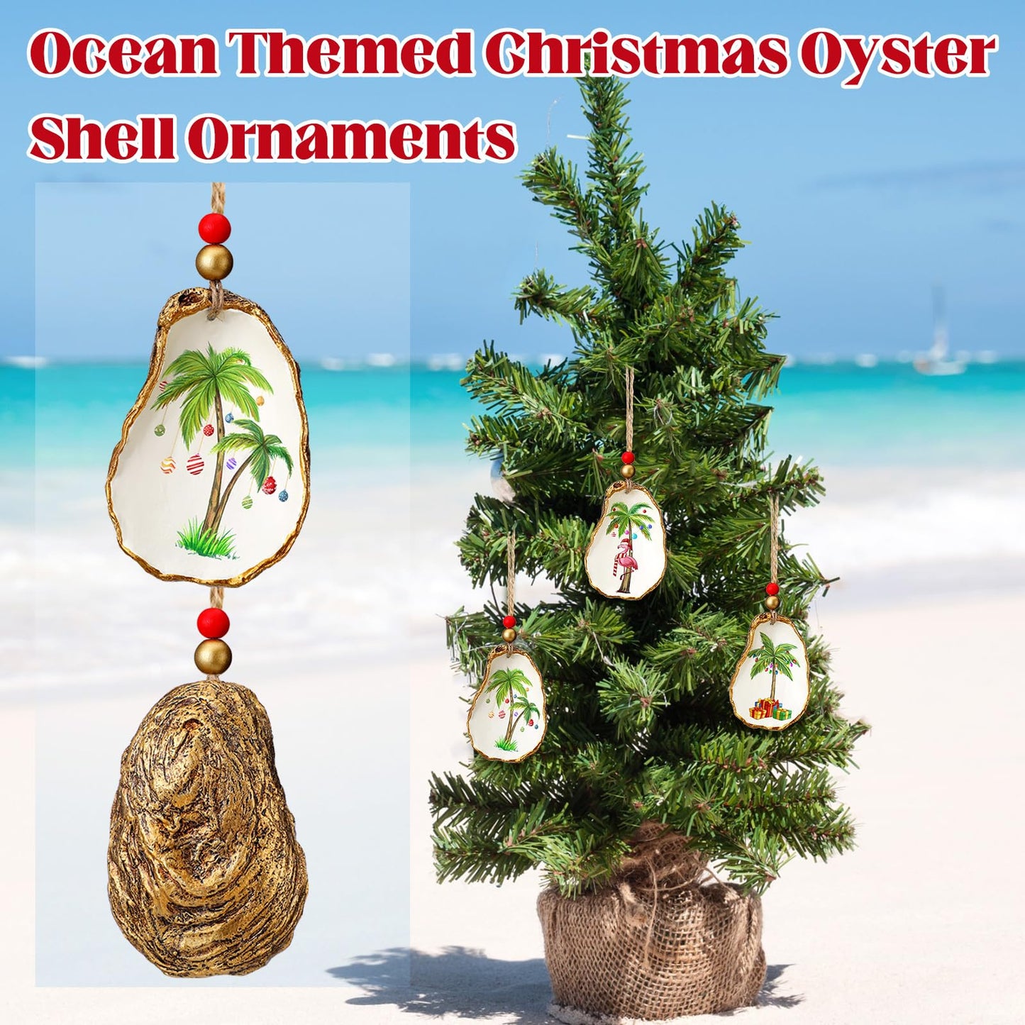 Bucherry 3 Pcs Christmas Oyster Shell Ornament Resin Decorated with Palm Tree Flamingo Seashell Christmas Nautical Coastal Tropical Beach Ornament for Xmas Tree Home Office Gift