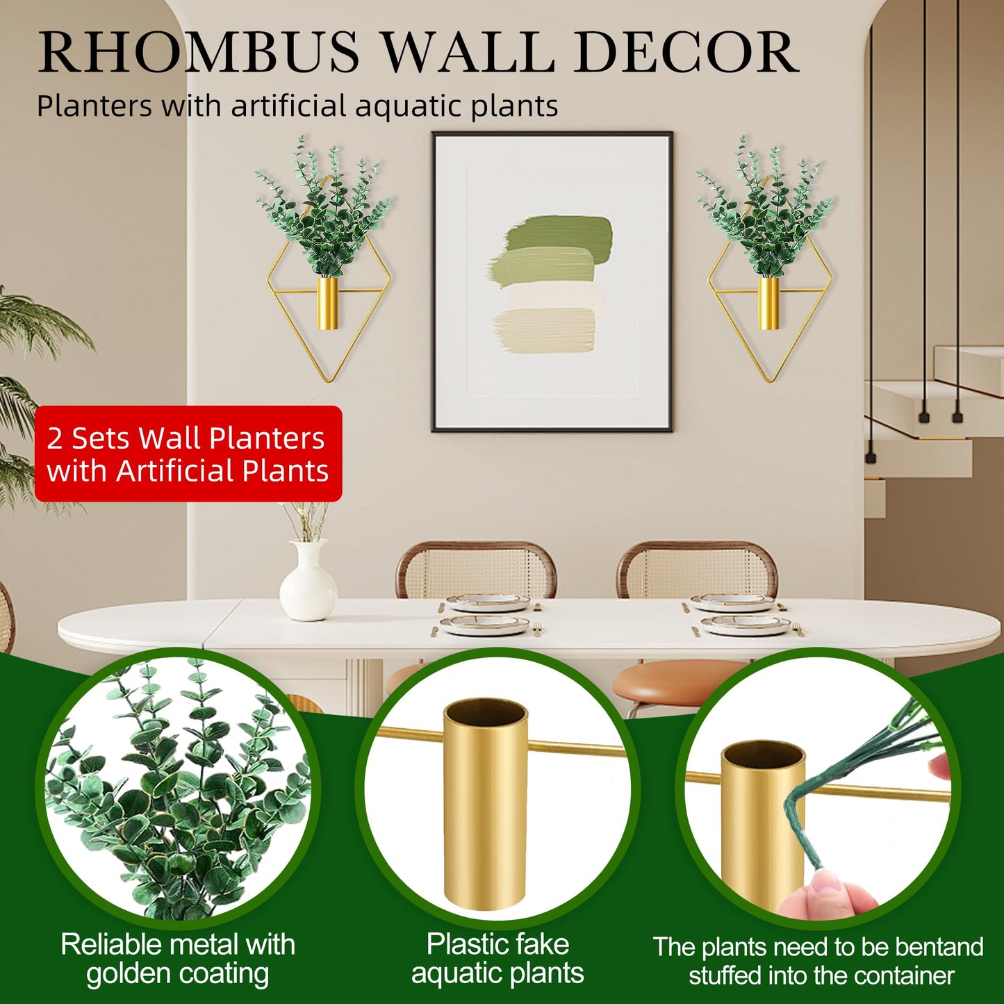 LZRHORR 2 Pack Gold Wall Decor Hanging Planters with Artificial Plants Metal Hanging Vase Indoor Plants Holder Modern Boho Wall Art for Bathroom Bedroom Living Room Office (Gold, Eucalyptus)