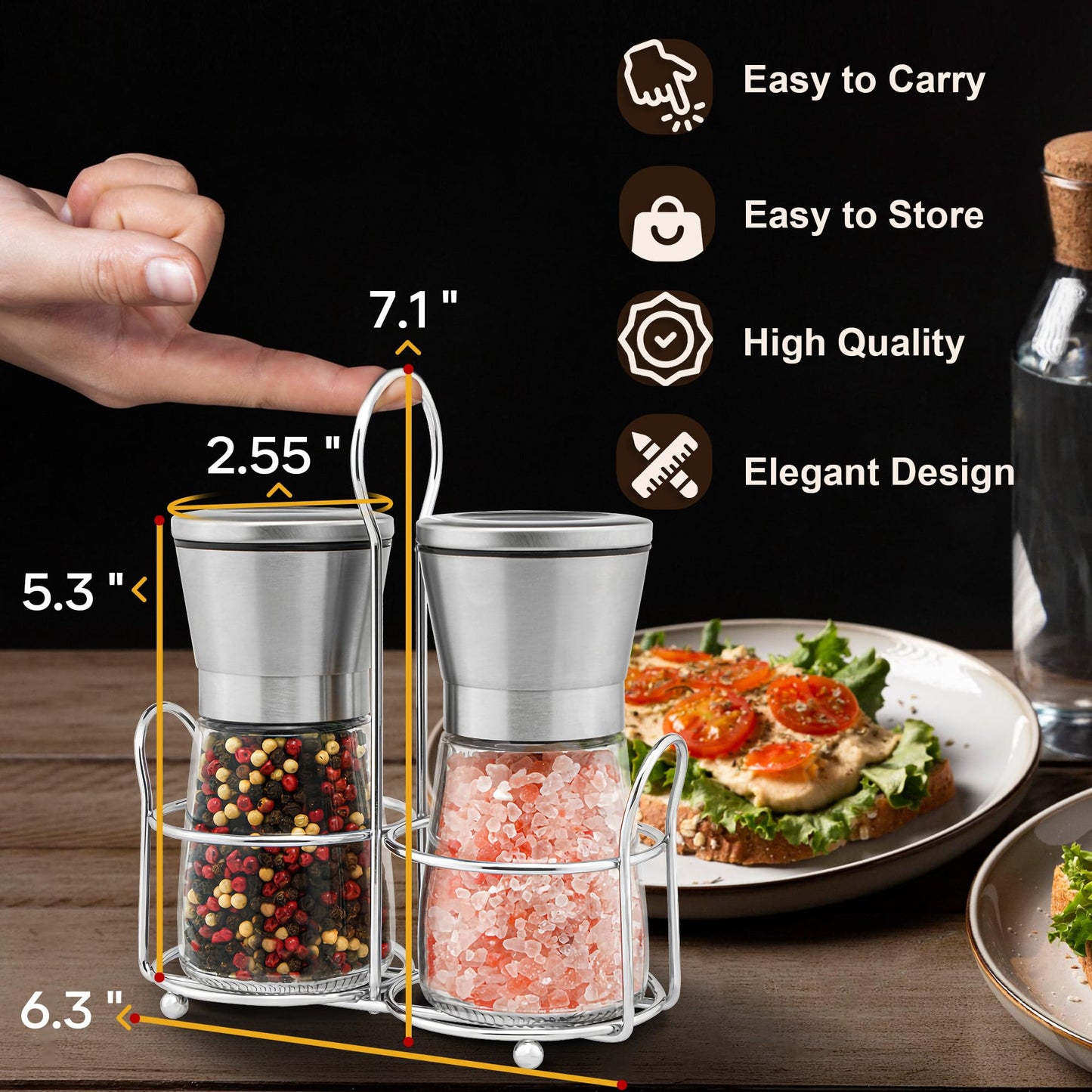 M JINGMEI Stainless Steel Salt and Pepper Grinder Set - Short Glass Shaker, Pepper Mill & Salt Mill with Adjustable Coarseness, Refillable for Himalayan or Sea Salt, Black Peppercorn, with Bonus Stand