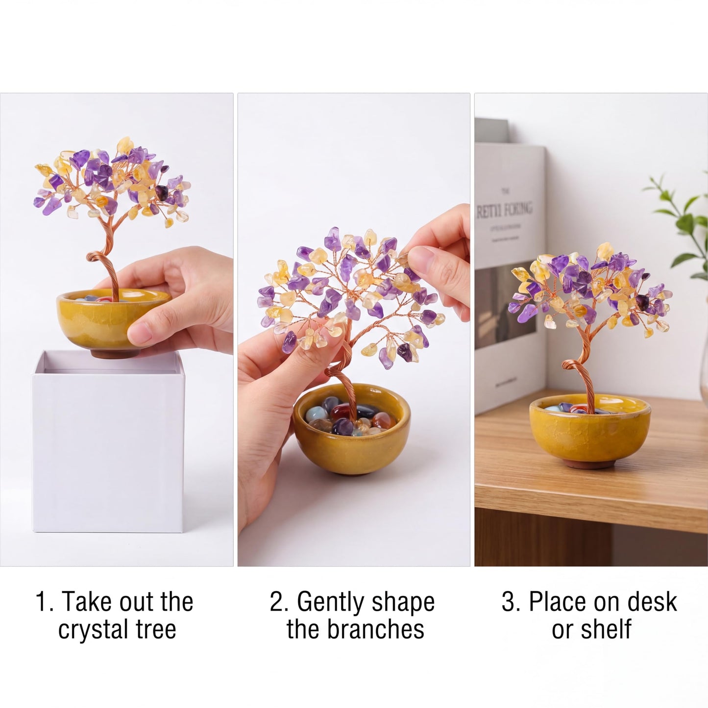 Handmade Crystal Money Tree Feng Shui Bonsai, Gemstone Tree of Life Healing Crystals Wealth Prosperity Decor for Home Office, Perfect Spiritual Gift (Yellow Purple)