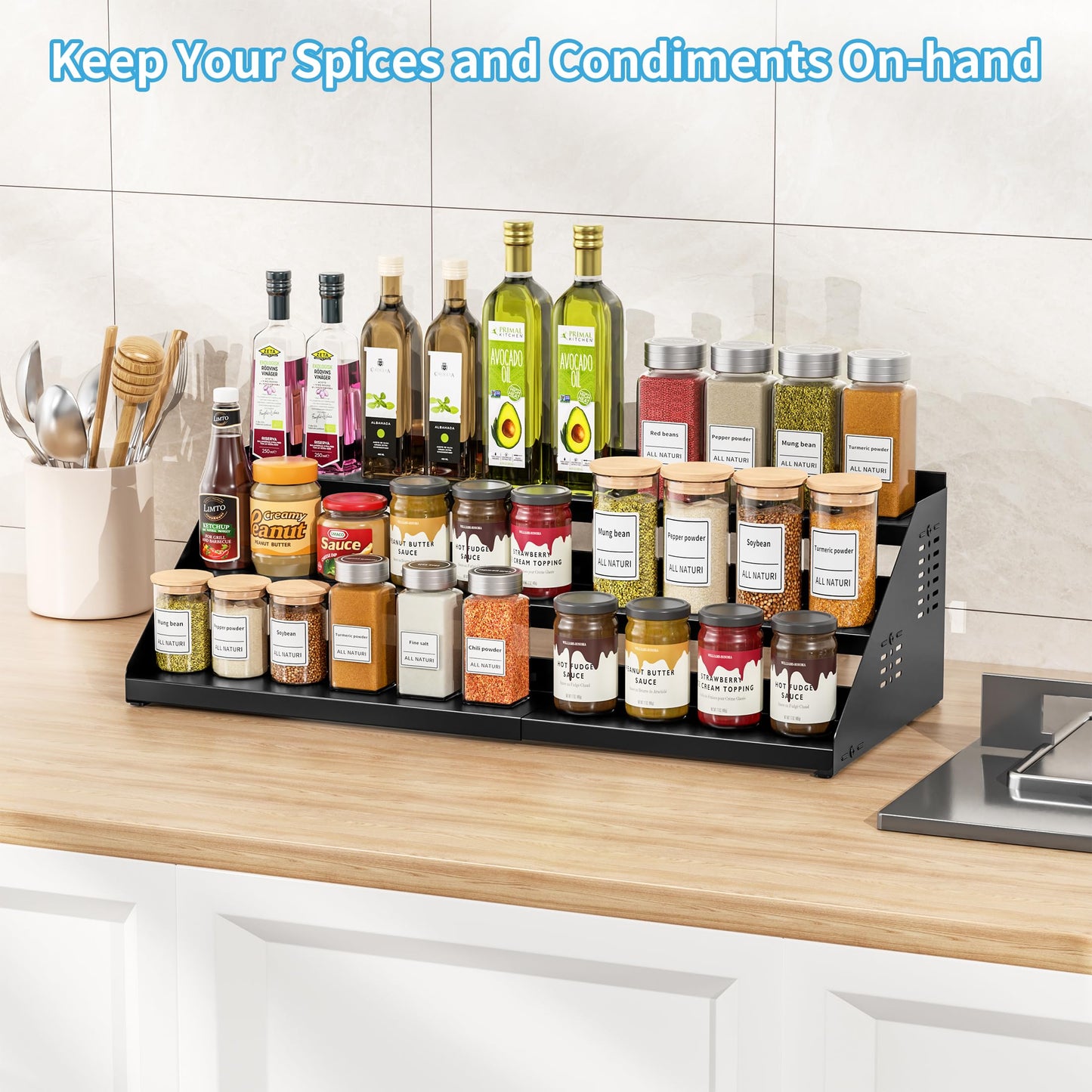 BOIVSHI Spice Organizer, Spice Rack for Expandable 3-Tier, Spice Organization for Cabinet Expandable Width and Adjustable Height, Seasoning Organizer for Cabinet, Countertop, Pantry, Black