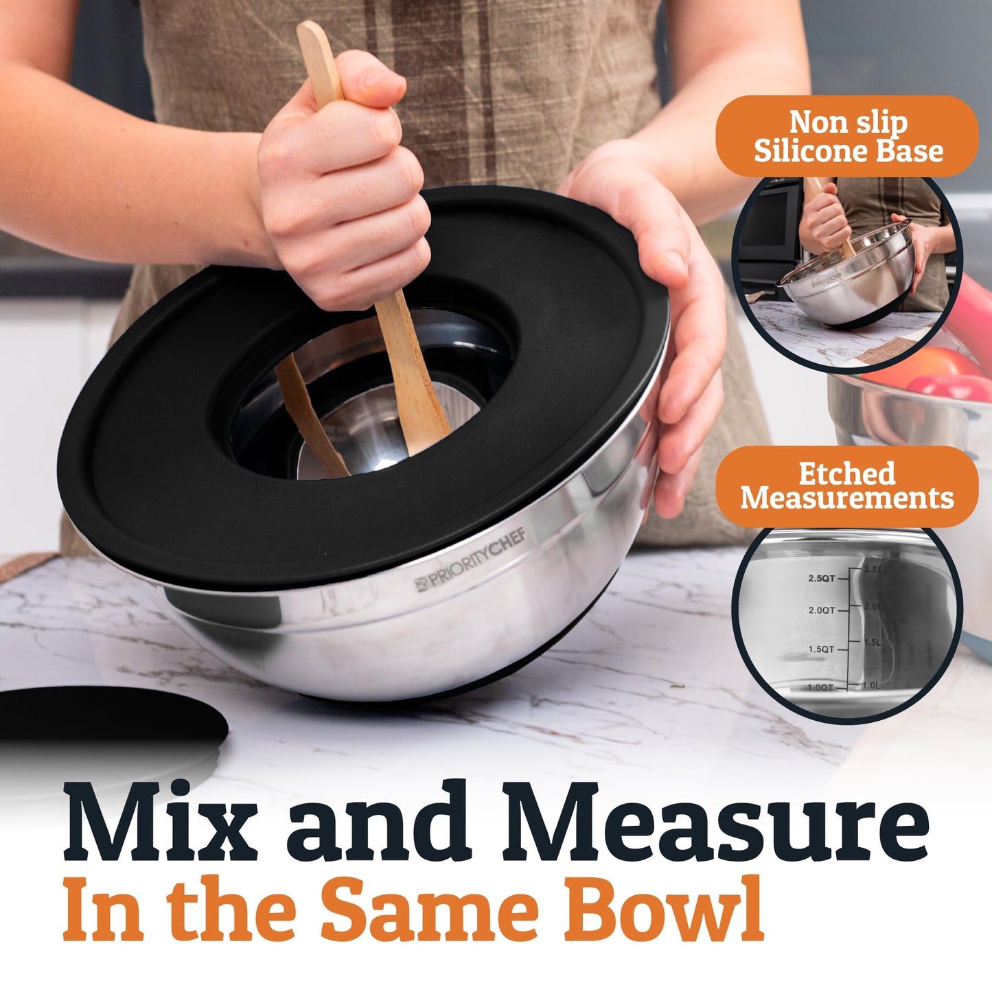 Priority Chef 6pc Stainless Steel Mixing Bowls with Lids Set, 7 Qt, Black
