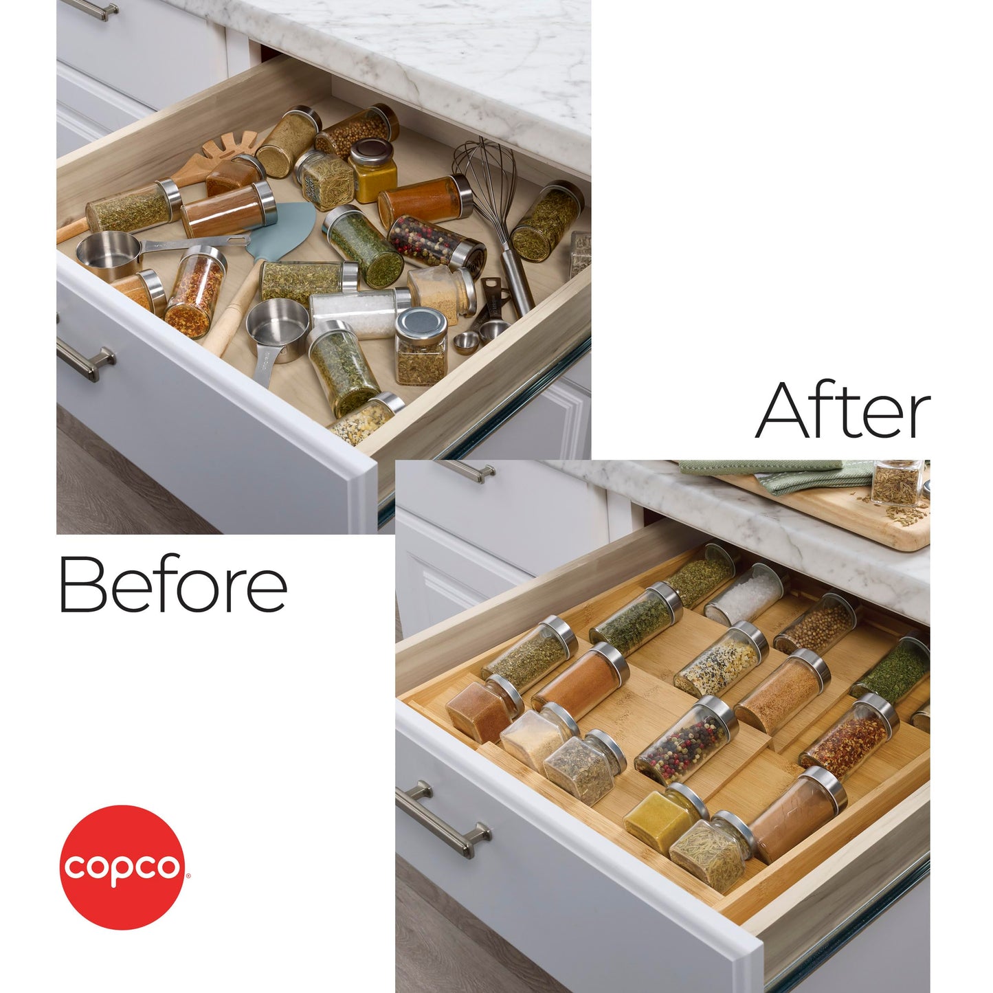 Copco Bamboo Expandable Spice Organizer Drawer and Counter Lazy Susan Turntable Style Tiered Rack - Adjustable 4-Tier Natural Wood Kitchen Spice Storage Organizer for Cabinet, Pantry, or Bathroom