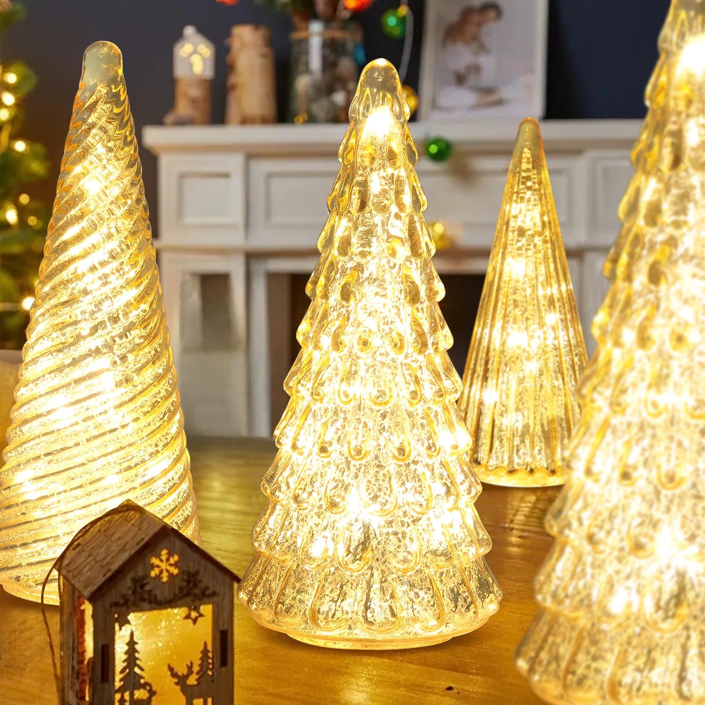 Table Top Christmas Tree Decorations with Fairy Lights,Gold Mercury Glass Finish, Holiday Table Centerpiece and Mantle Decor Set of 3 Assorted Trees
