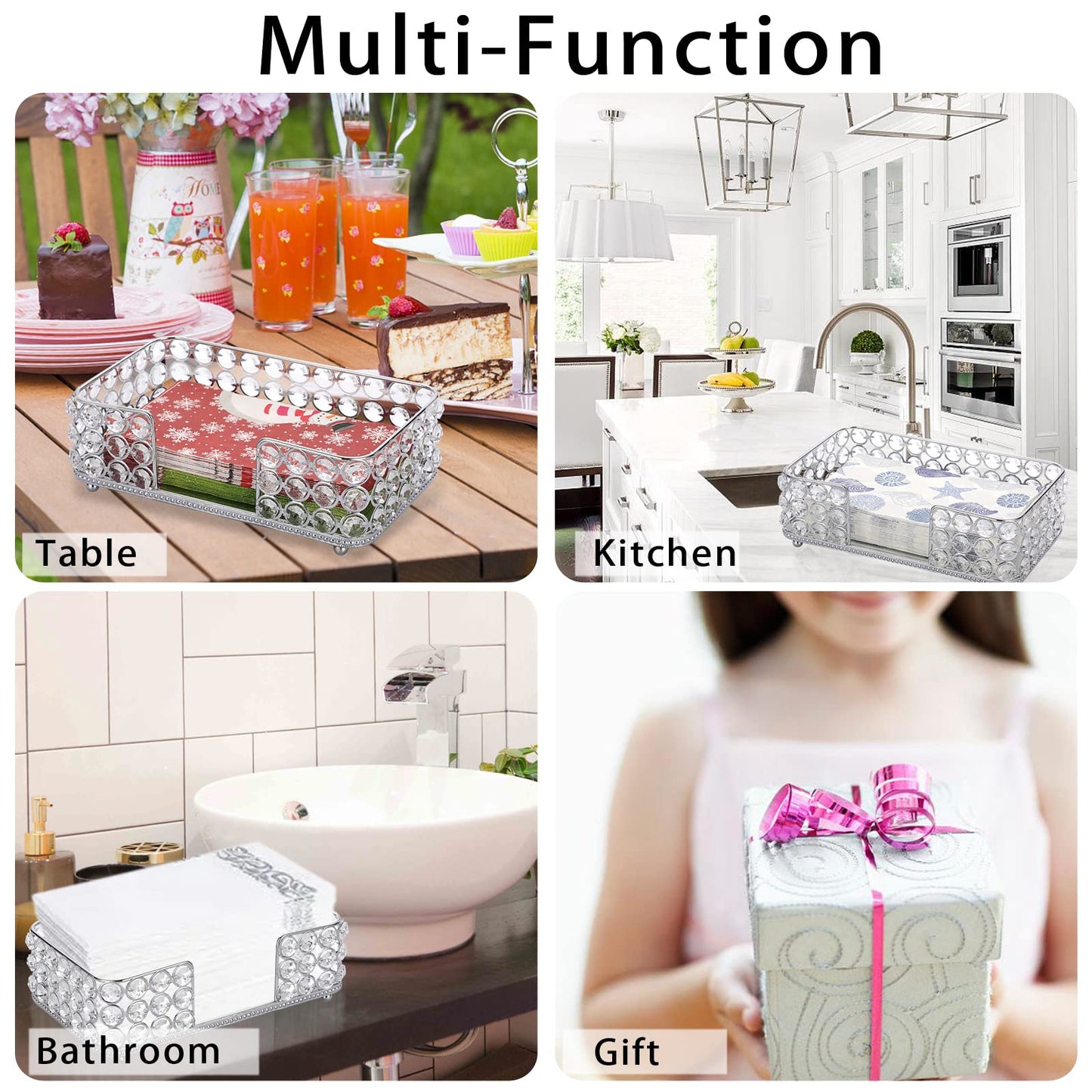 Sumnacon Stylish Bathroom Guest Towel Holder-Rectangle Crystal Napkin Holder for Guest Hand Towels Paper Napkins, Decorative Napkin Tray for Bathroom Vanity Toilet Tank Table Kitchen Countertop,Silver