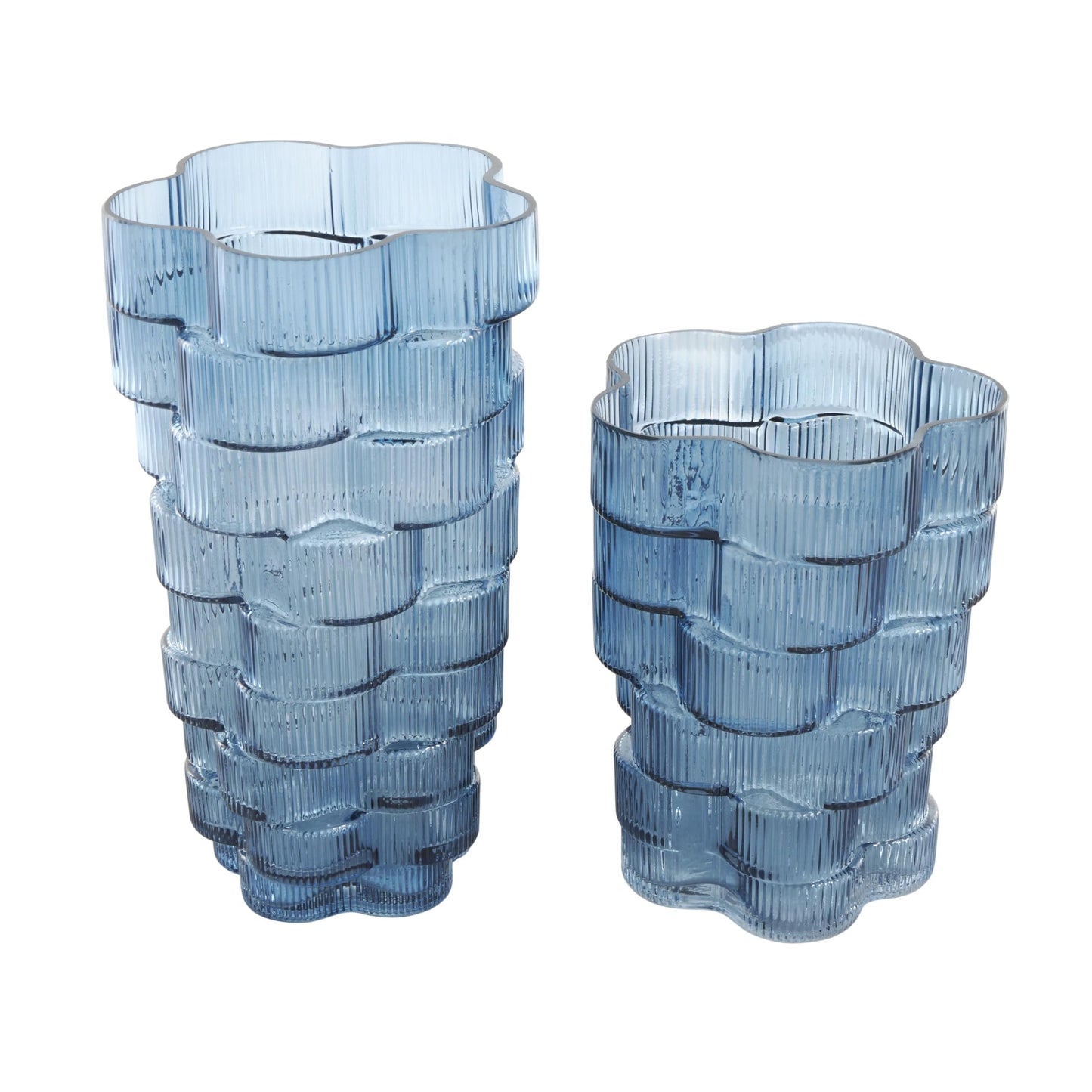 Deco 79 Glass Decorative Vase Stacked Flower Shape Centerpiece Vases, Set of 2 Flower Vases for Home Decoration 12", 9" H, Blue
