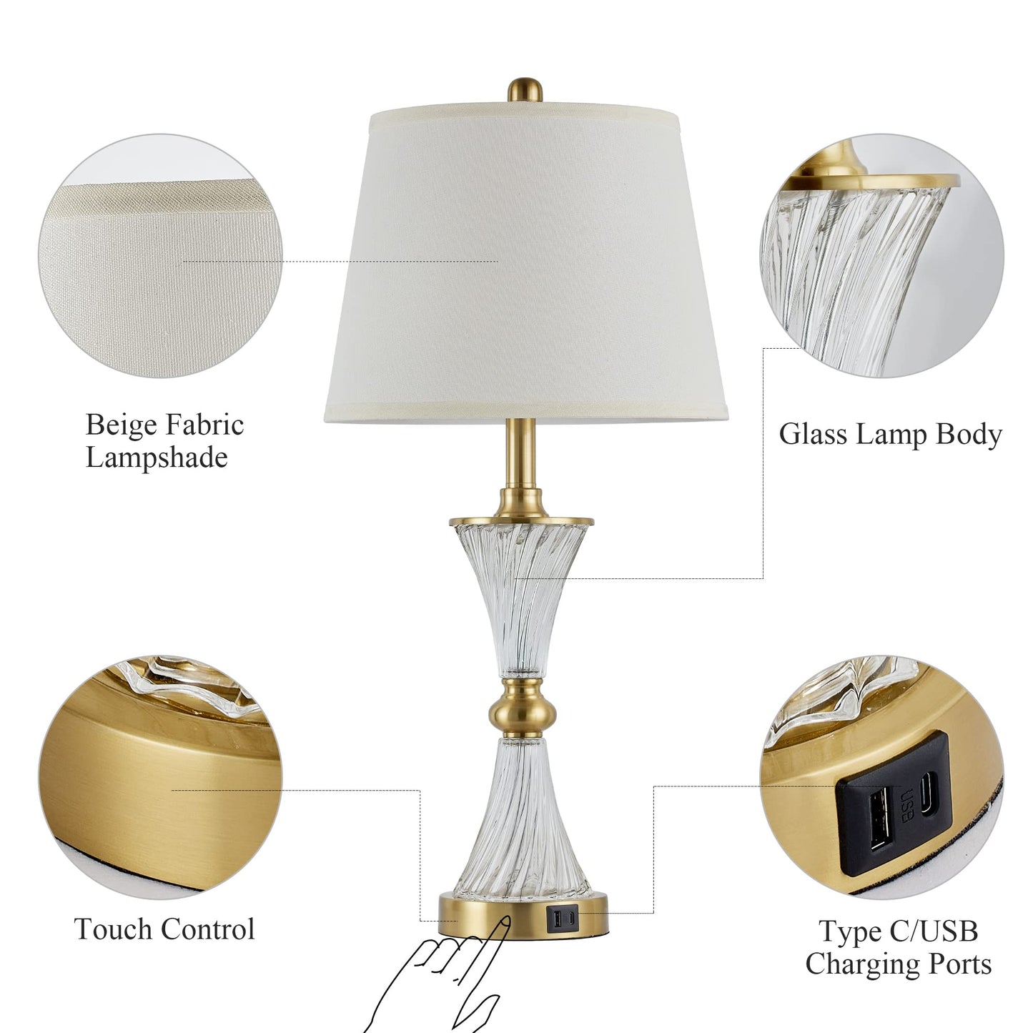 BZZMMB 27" Bedroom Lamps Set of 2, Gold Glass Touch Lamps with USB C+A Ports, 3-Way Dimmable Light Fixture for Nightstand, Modern Table Side Lighting for Living Room, 2 Bulbs Included