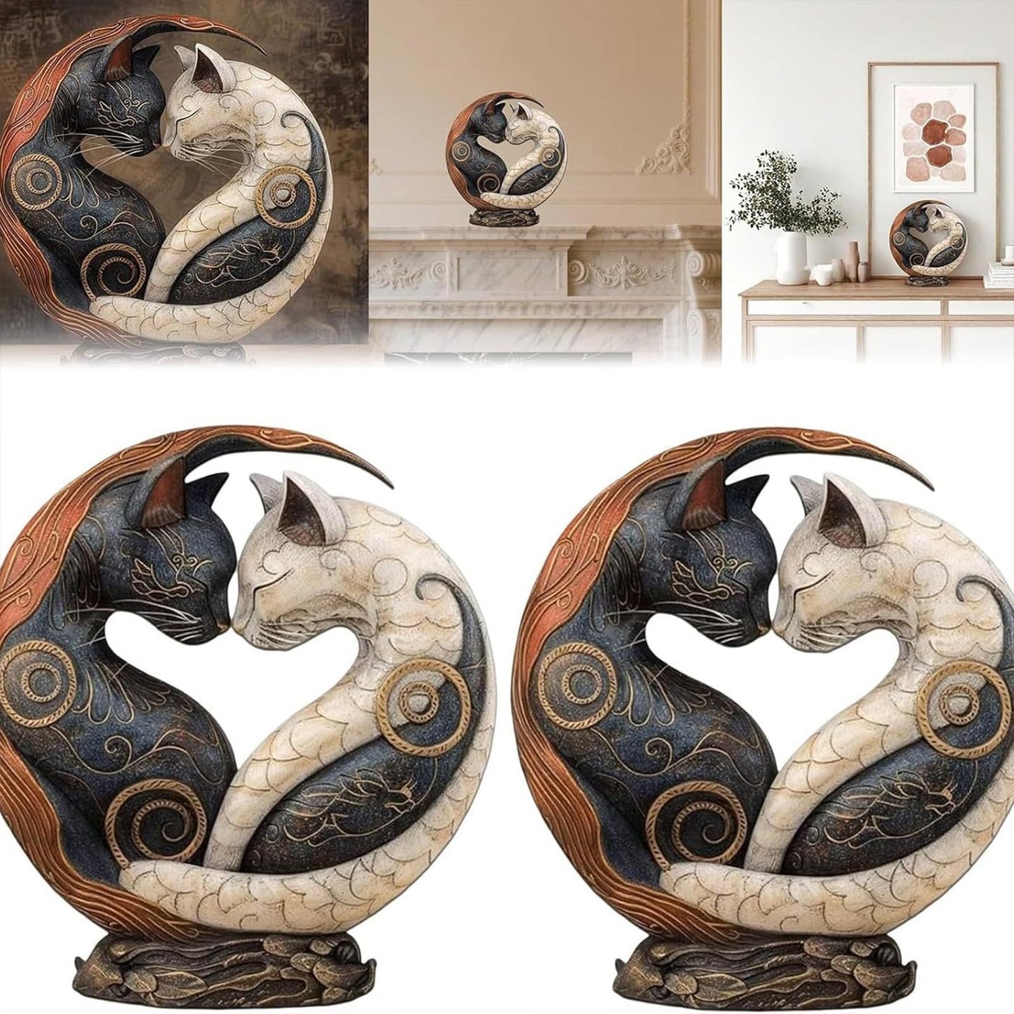 JNMYHM Black and White Cat Yin Yang Art Desk Decors for Home Office Decoration, Unique Resin Statue Desktop Decoration, Gifts for Women Men Cats Lover