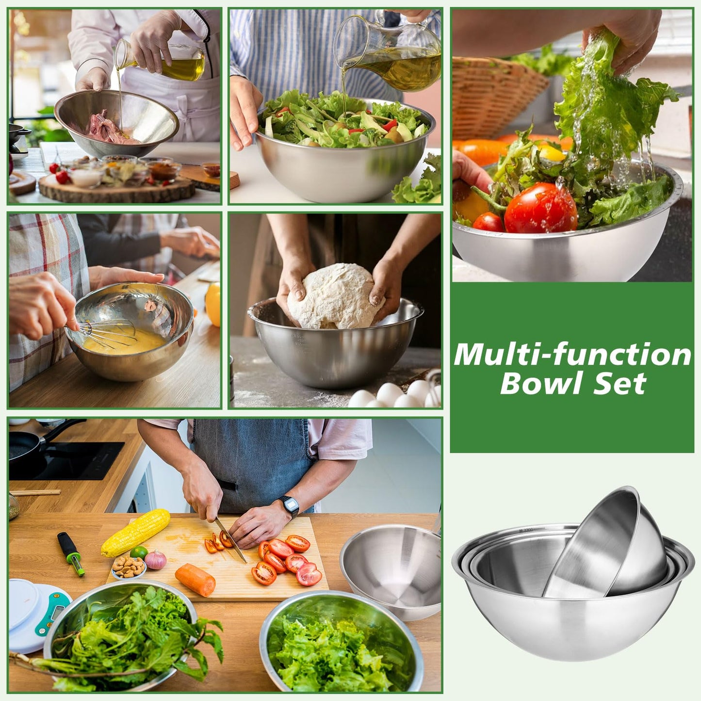 Honeydak 8 Pack Stainless Steel Mixing Bowls with Scale Meal Prep Bowls Dishwasher Safe Stainless Steel Salad Bowl Sizes 1.1, 1.6, 2.2 and 2.64 Qt for Kitchen Baking Cooking Prepping
