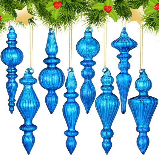 Mifoci 8 Pcs 6 Inch Mercury Glass Finial Christmas Ornaments Hanging Christmas Finials Glass Ornaments Assorted Mercury Decor for Vintage Holiday Xmas Tree Decoration(Blue)