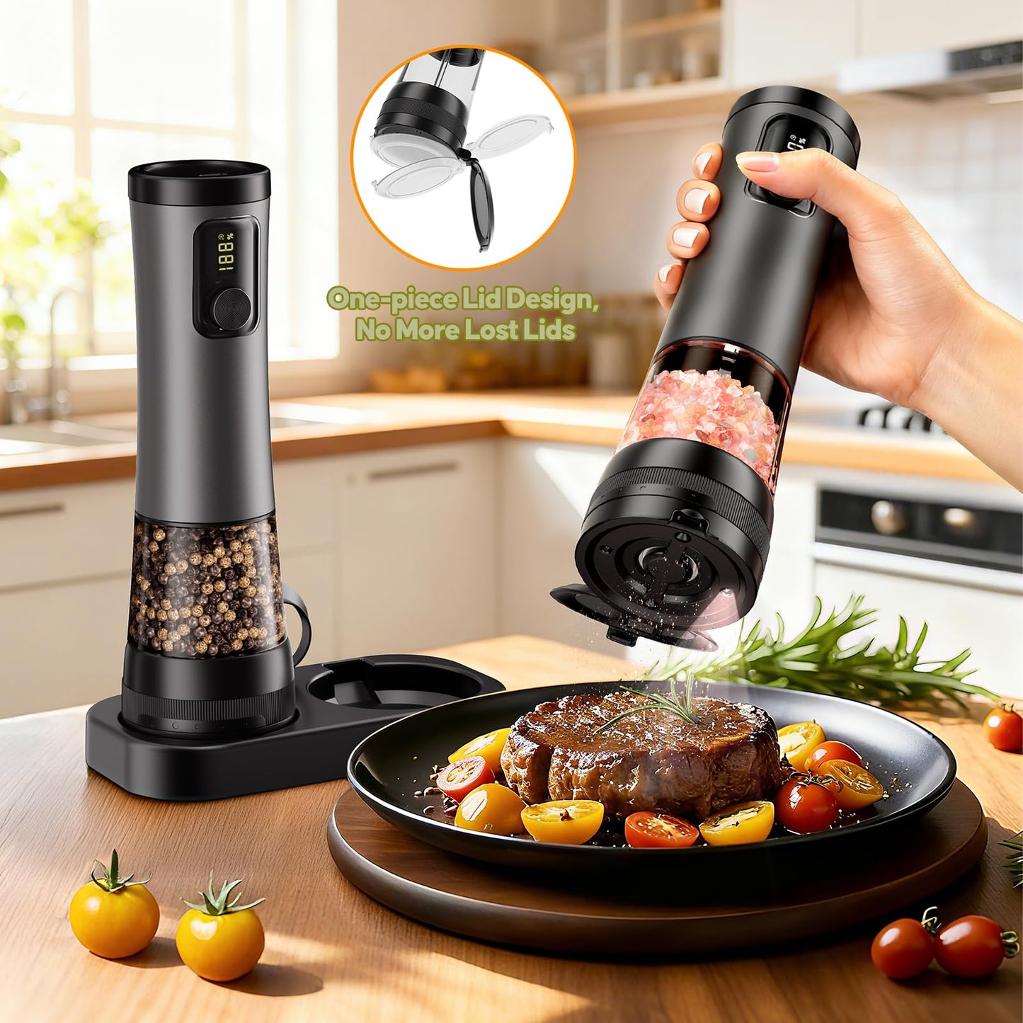 Electric Salt and Pepper Grinder Set - Rechargeable Salt Grinder with Led Power Display - Automatic Pepper Grinder with Storage Base - Pepper Mill with Light for Kitchen