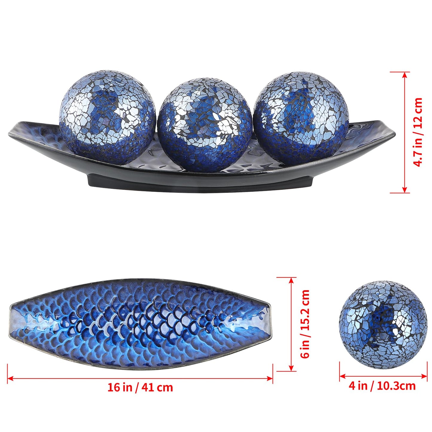 Sanbege 16" Large Ceramic Decorative Tray and 4" Glass Mosaic Balls Set of 4, Long Boat Shaped Centerpiece Bowl and Orbs Set for Home, Party Decor (Blue)