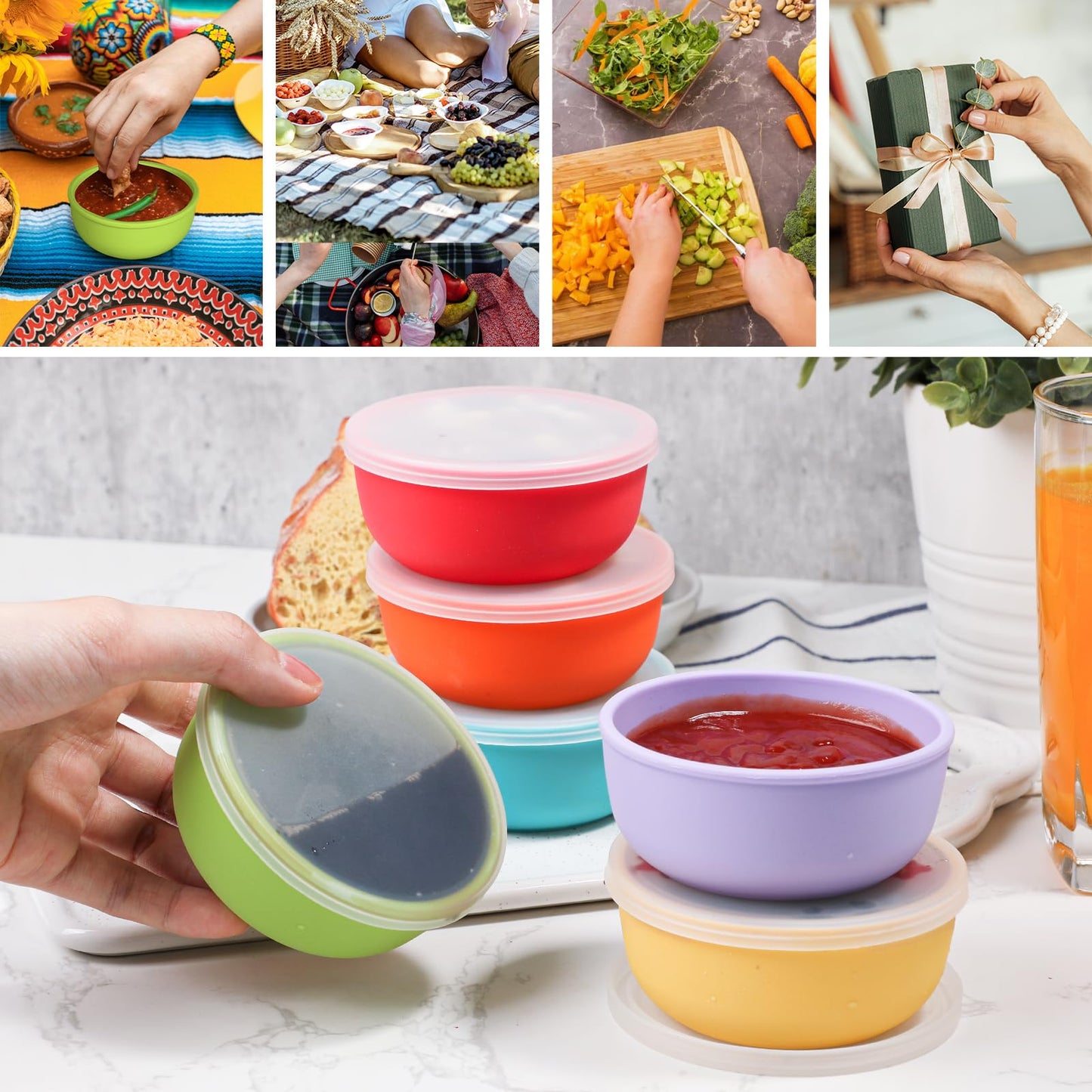 Webake 3.5" Silicone Pinch Bowls for Cooking Prep, 4oz Small Dipping Bowls with Lids, Serve, Food Storage, BPA Free Set of 6