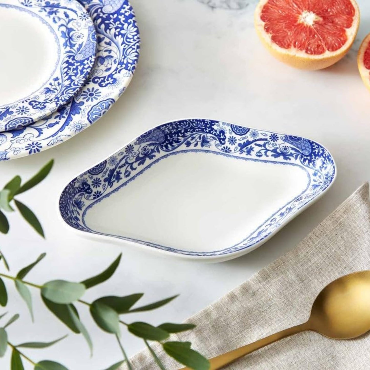 Spode Blue Italian Brocato Diamond Dish - 8.5-Inch Porcelain Serving Piece, Decorative Table Dish for Salads, Appetizers, Pasta, Desserts - Housewarming Gift