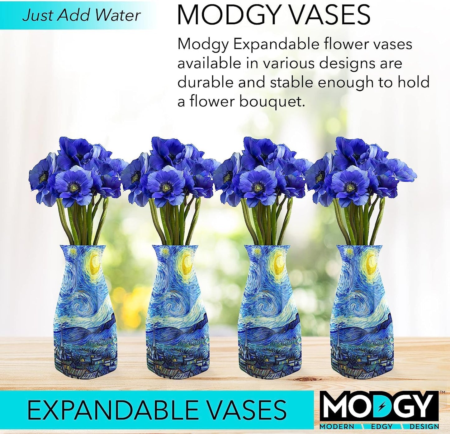 MODGY Expandable Flower Vase, Plastic Decorative Modern Foldable Printed Vases for Centerpieces for Wedding, Dining Table, Home Decor, Living Room, Bathroom, Starry Night, Vincent Van Gogh, 4 Pack