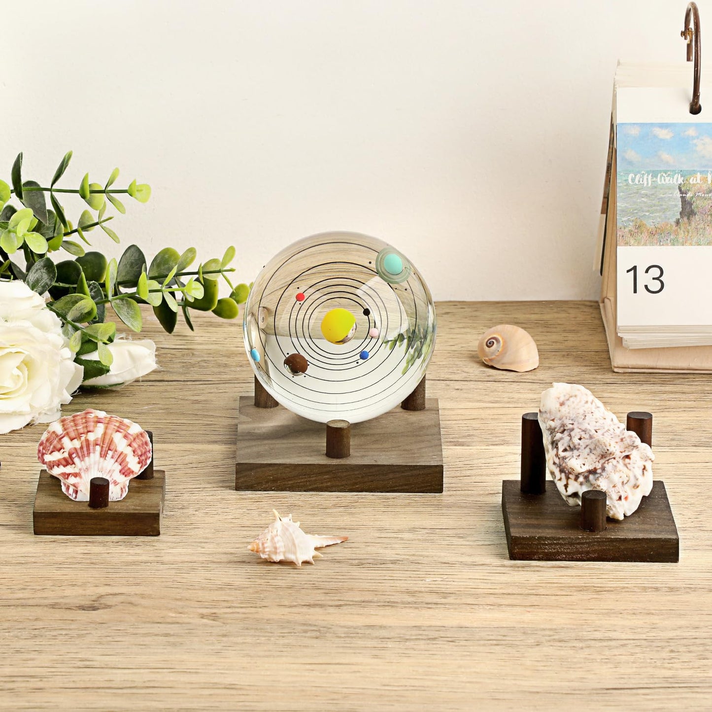 Hipiwe Rock Display Stand Three-Peg Display Easel Stands Walnut Wooden Crystal Rock Holder for Fossil Coral Geodes Rock Mineral Agate, Crystal Display Stand with Square Base, Large