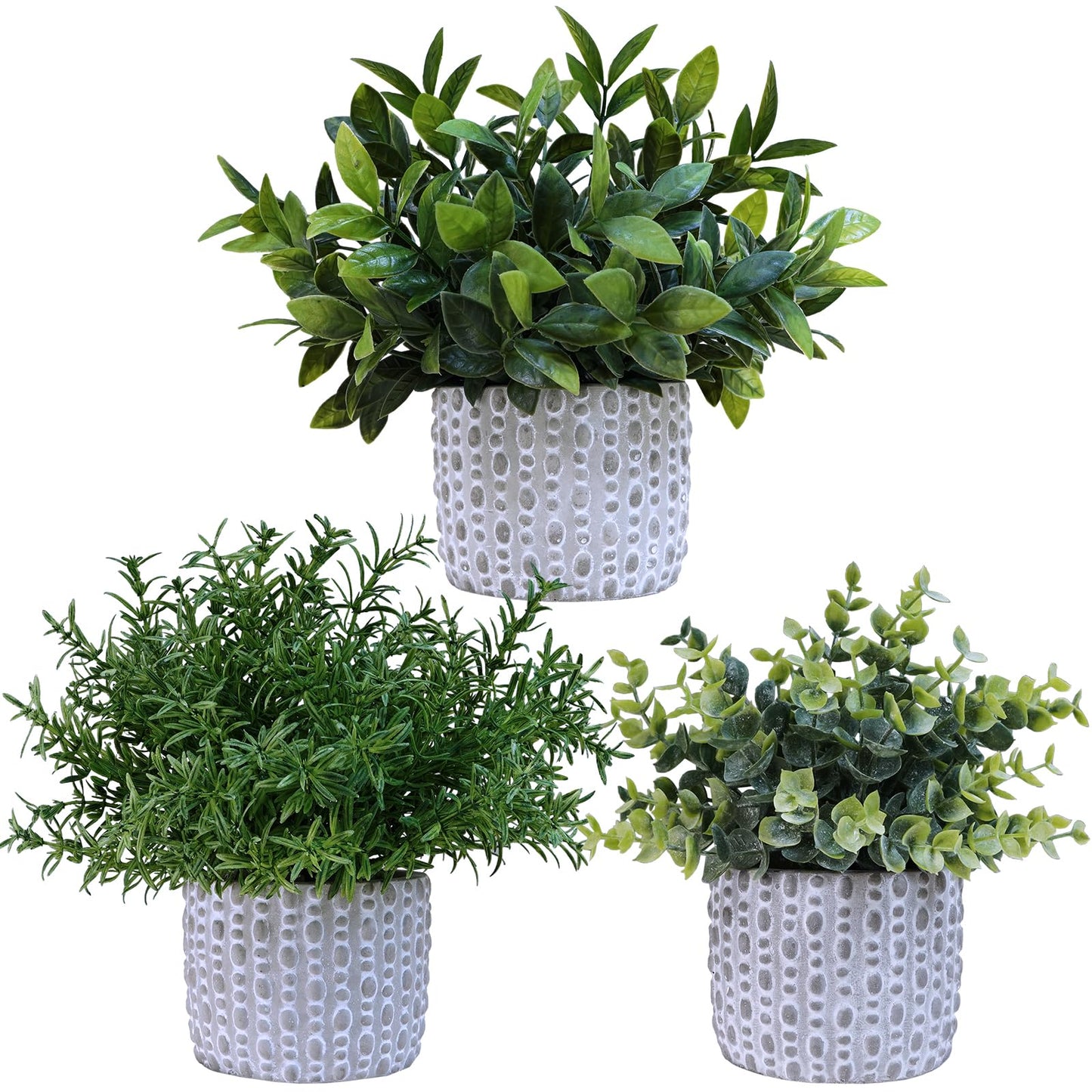 Winlyn 3 Pcs Artificial Potted Plants - Faux Eucalyptus, Boxwood, Rosemary, Greenery in Small Concrete Pots -Desk, Table, Shelf, Windowsill Decor for Indoor Outdoor Home Office