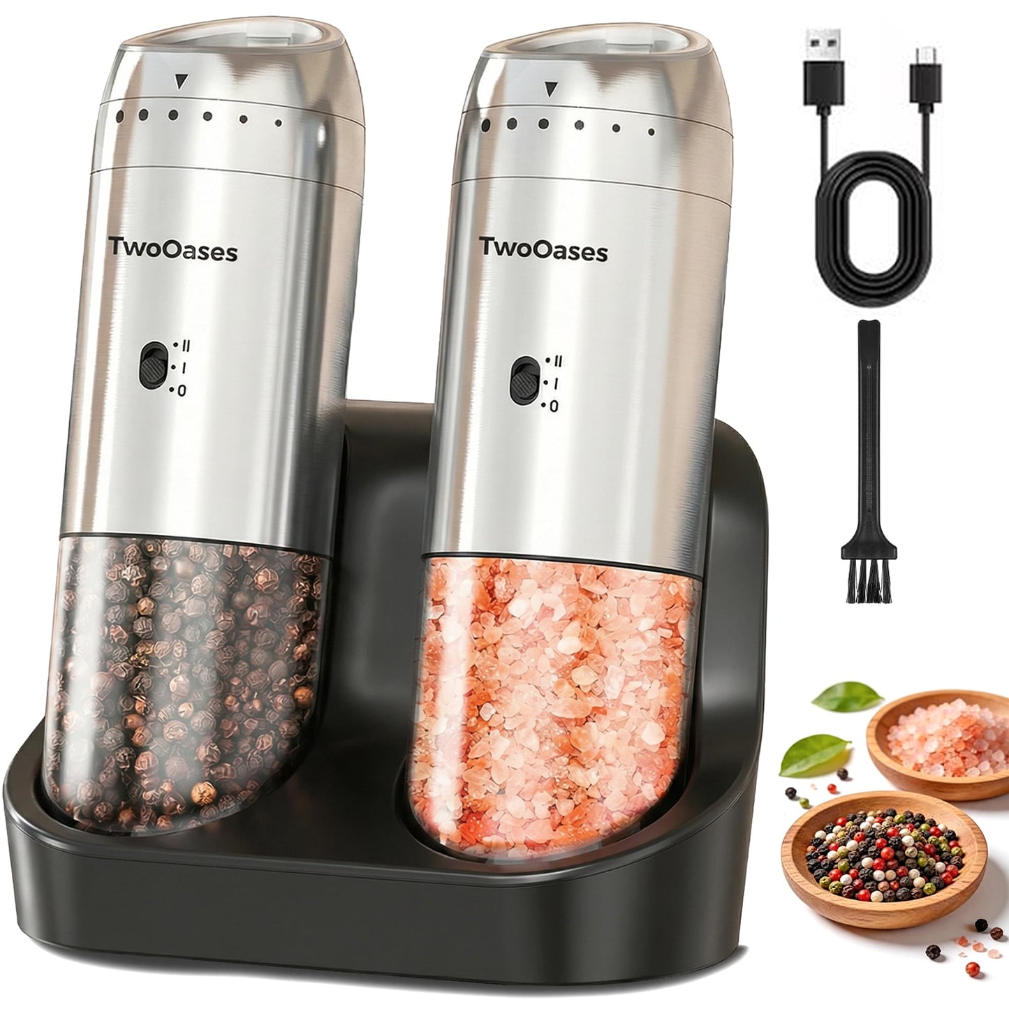 Electric Salt and Pepper Grinder Set, Automatic Gravity Pepper Grinder with Charging Base, Rechargeable Stainless Steel Spice Mill, Adjustable Coarseness, Dual-Speed Control, LED Light, Large Capacity