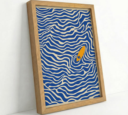Framed Abstract Ocean Wave Wall Art 12x16 Coastal Wall Decor Picture Modern Minimalist Surfboard Print Beach Theme for Bathroom Bedroom Living Room Ready to Hang Natural Wood Frame