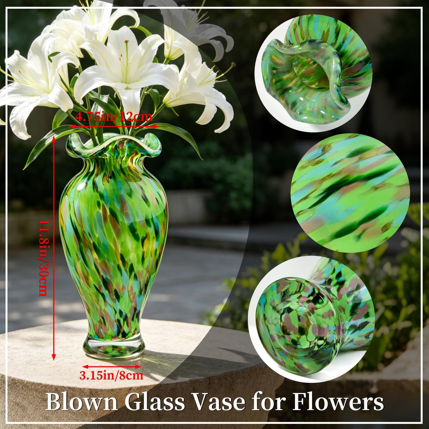 Hand Blown Glass Vase, 12 inch Tall Unique Emerald Green Crystal Flower Vase, Large Art Glass Home Table Centerpieces for Floral Bouquet Decorations