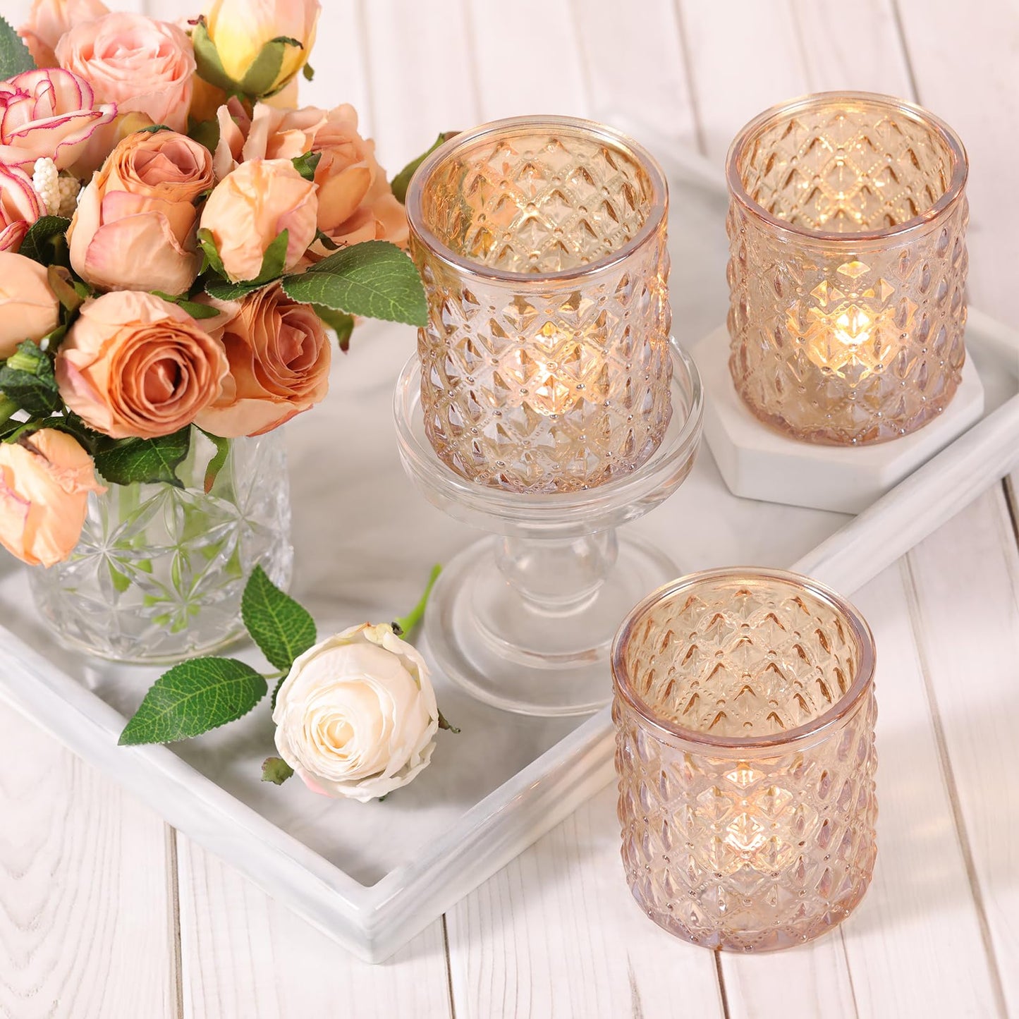 MATAHUM 12 Pcs Large Votive Candle Holders 2.8 * 3.2 inch Gold Tea Light Candle Holders Glass Candle Holder for Bridal Shower, Wedding, Table Centerpiece, Party, Home Decor