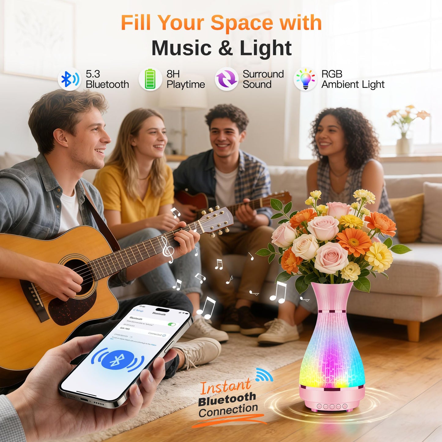 3-in-1 Vase Bluetooth Speaker With Ambient Light & White Noise, 8H Playtime, Water-Safe Flower Vase for Bedroom, Living Room Decor, Mother's Day,Birthday Gift for Women, Mom, Wife or Girlfriend