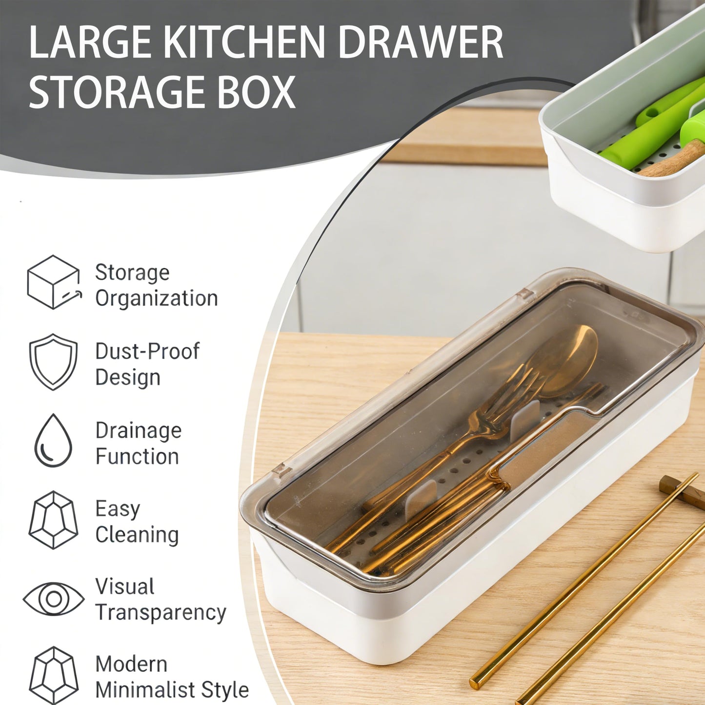 Fjxxxn Large Kitchen Drawer Organizer with Lid, 12.6 Inch，Stackable Utensil Holder with Drainer for Silverware & Cooking Tools, Countertop or Drawer Storage Tray