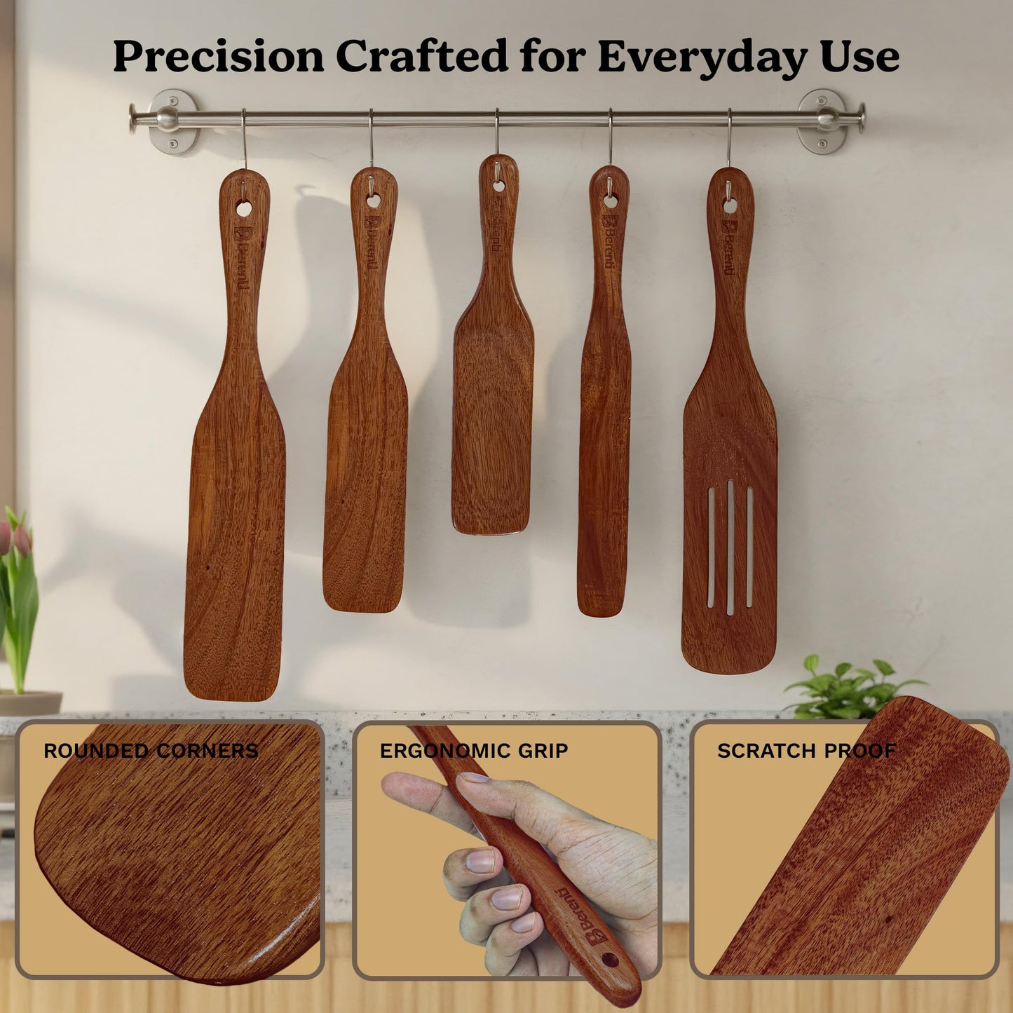 5-Pieces Wooden Spurtle Set – Acacia Wood Kitchen Tools for Cooking, Mixing & Stirring – Non-Stick Safe Spurtle Spatula Set
