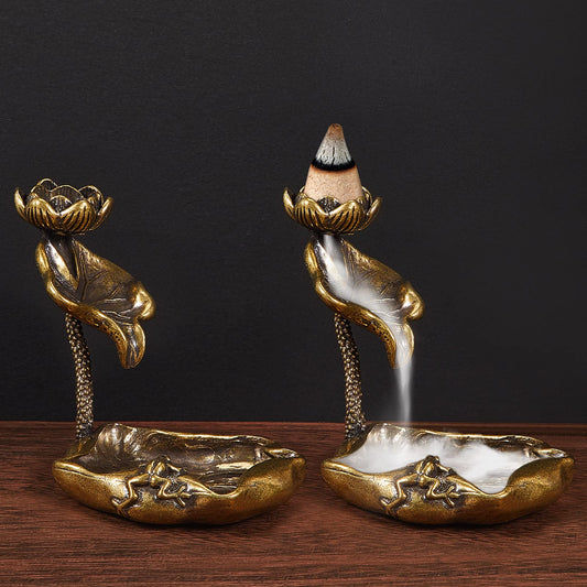 Zhehao 2 Pcs Brass Lotus Frog Waterfall Incense Burner Vintage Frog Incense Holder for Home Office Zen Aromatherapy Ornament Meditation Spa Decoration