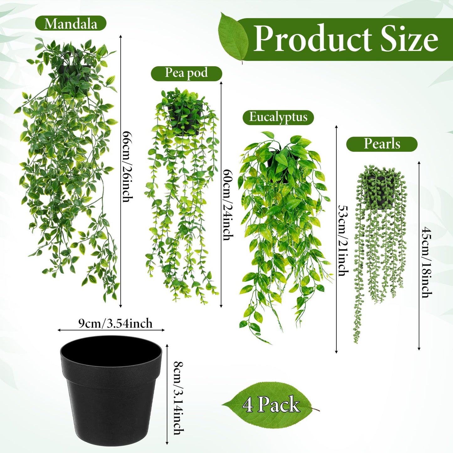 SHENLIU Artificial Hanging Plants for Shelf, 4 Pack Fake Potted Greenery Plant Faux Eucalyptus Vine, Mandala Vine, String of Pearls, Pea pod Leaves in Pot for Office Home Garden Indoor Outdoor Decor