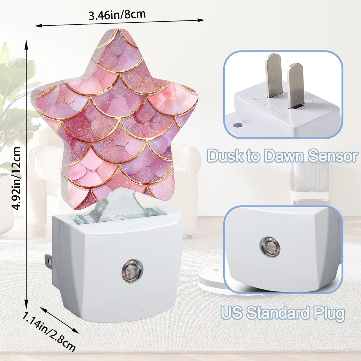 Pink Mermaid Night Light,Fish Scales Marble Plug-in Star Night Lights with Dusk-to-Dawn Sensor for Bedroom,Bathroom,Living Room Sleep Friendly Lamp for Women Girls Boys Gift,0.5W