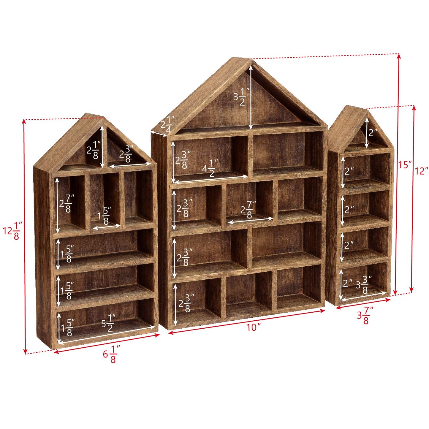 Ikee Design House-Shaped Wooden Shadow Cubby Box Display Shelf Organizer Storage Shadow Box for Mini Figures, Set of 3, Brown Color, 10 W x 2 1/4 D x 15 H in
