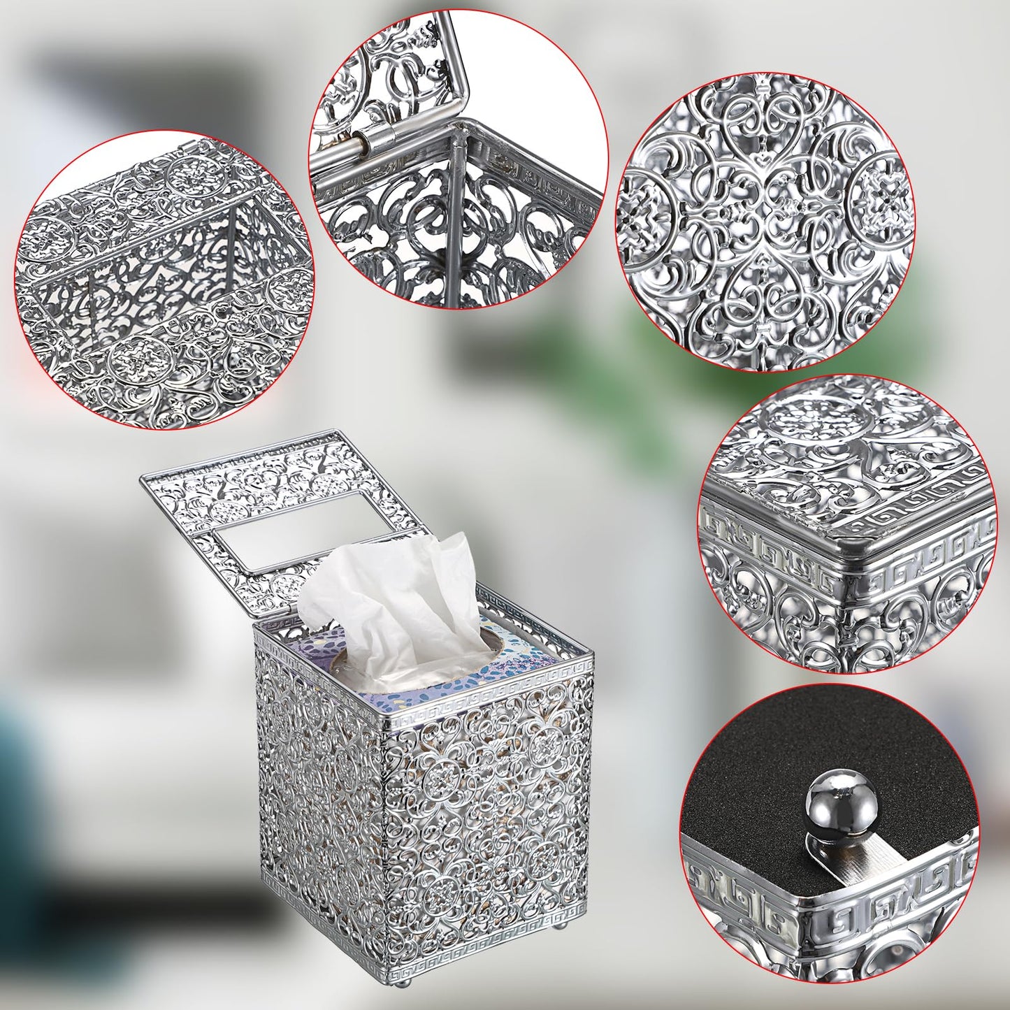 Sumnacon Tissue Box Cover Square Tissue Box with Lid, Metal Tissue Box Holder Stylish Tissue Cover Cube Tissue Box Cover for Bathroom Toilet Kitchen Table Desk Home Office, Silver