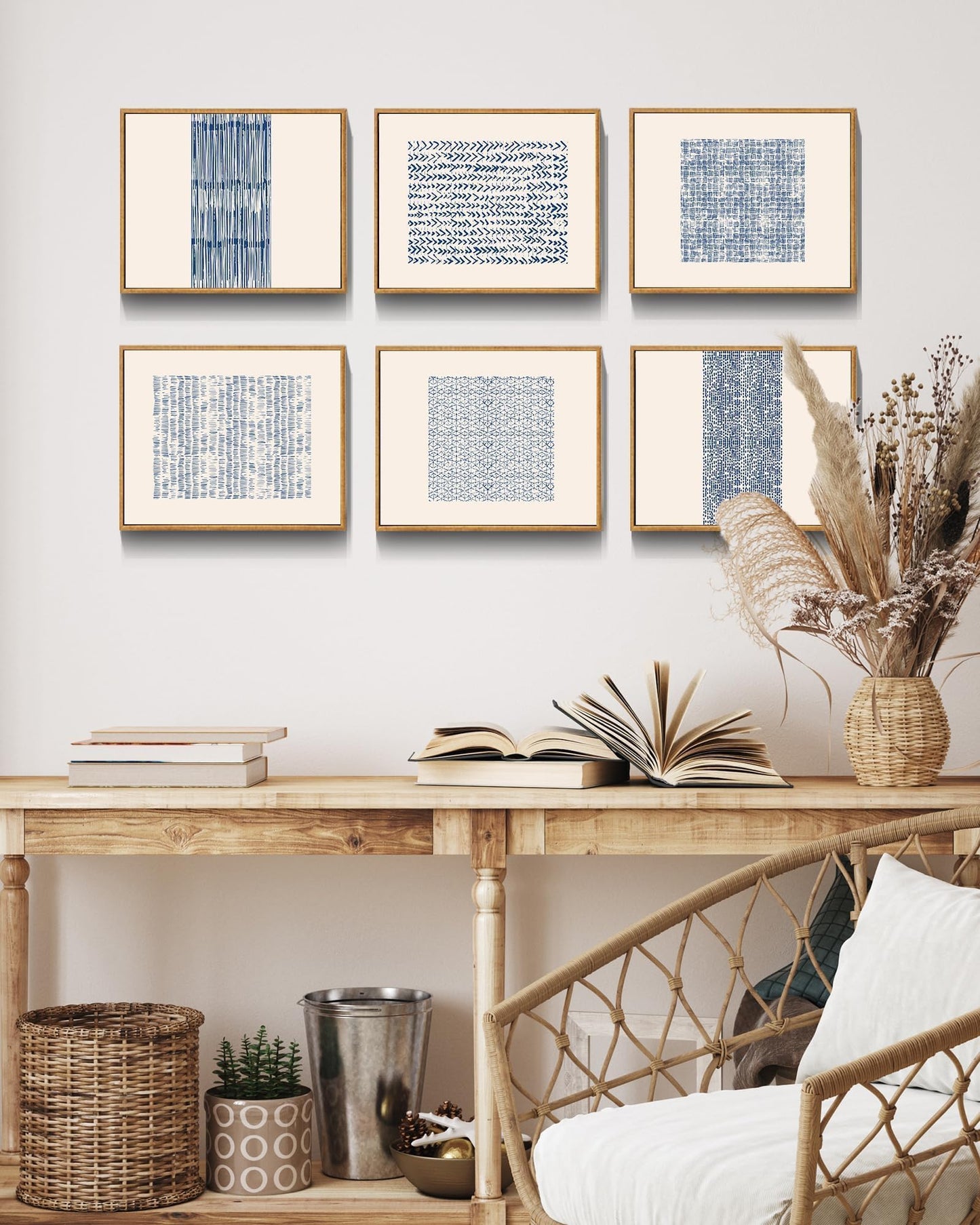 Drsoum Mid-century Boho Geometric Abstract Decor Blue White Grunge Minimalist Bohemian Wall Art Framed Canvas Prints 8"x 10"x 6pcs Natural Framed
