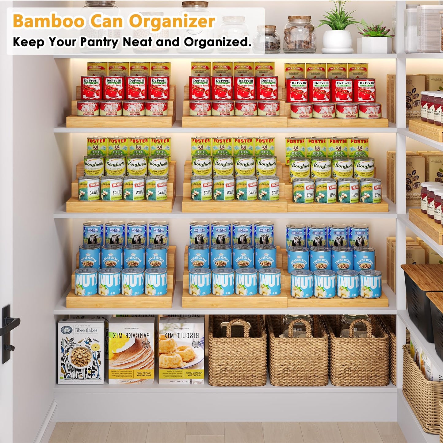 2-Pack Expandable Bamboo Can Rack Organizer for Pantry Display, 3-Tier Adjustable Can Storage Holder, Soda & Canned Food Organizer for Cabinets & Countertops, Holds Up to 48 Cans (Patent Pending)