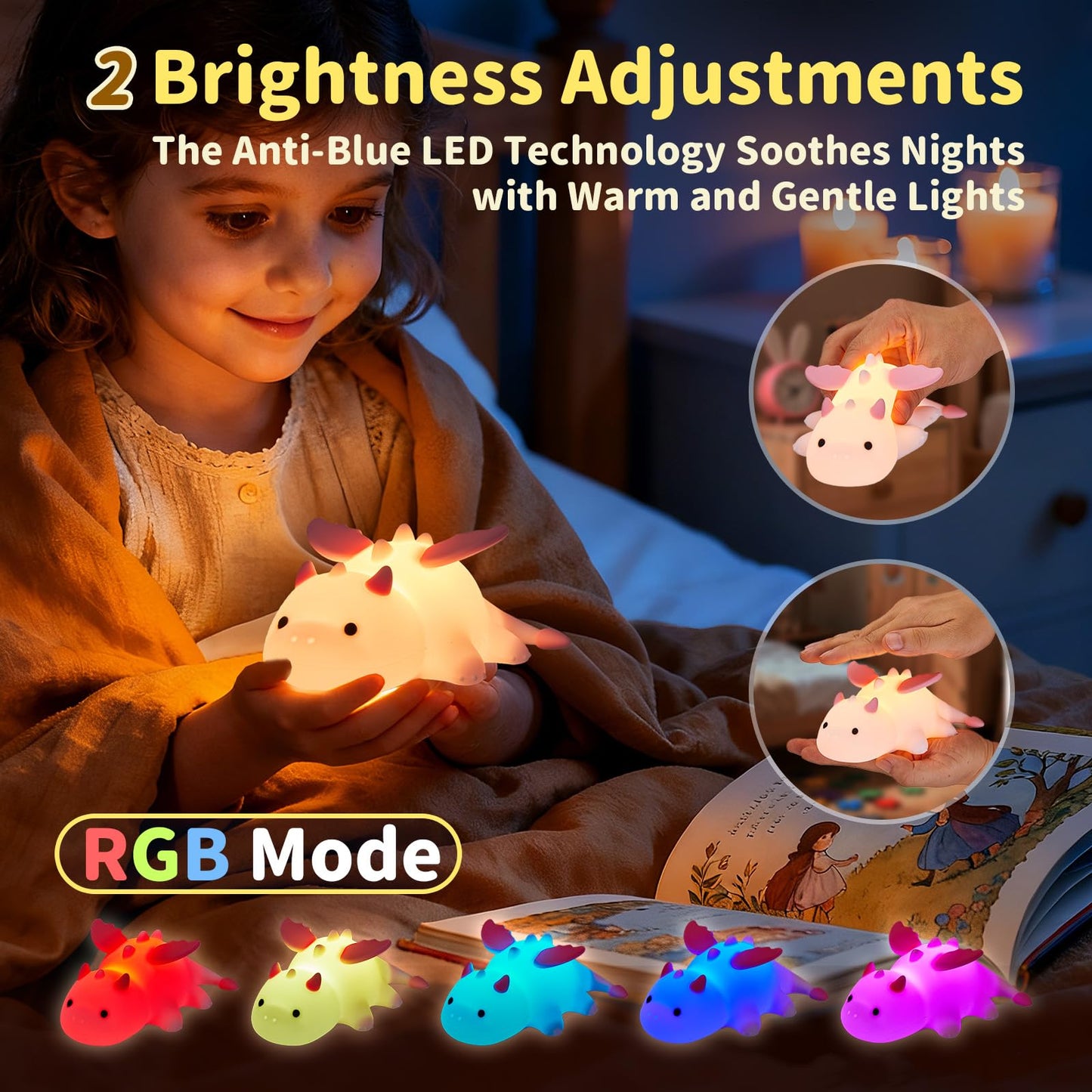 Myzztek Dinosaur Lamp Pink for Kids Room, Pat Control Dragon Light for Breastfeeding, Silicone Night Light Nursery Bedside Lamp, Rechargeable Pat Light w/RGB Mode for Bedrooms/Living Room/Decor/Gift