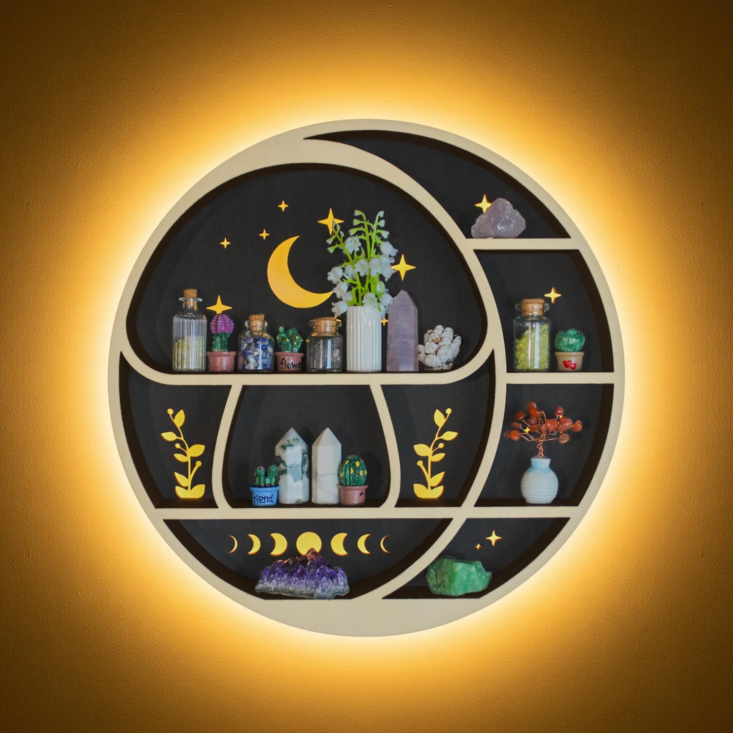 Circle Mushroom on The Moon Wall Shelf with LED, Wooden Trinket Knick Knack Shelf, Witchy Moon Decor Crystal Display Shelf for Rocks Gems Healing Stones, Celestial Room Decor Crystal Holder Organizer