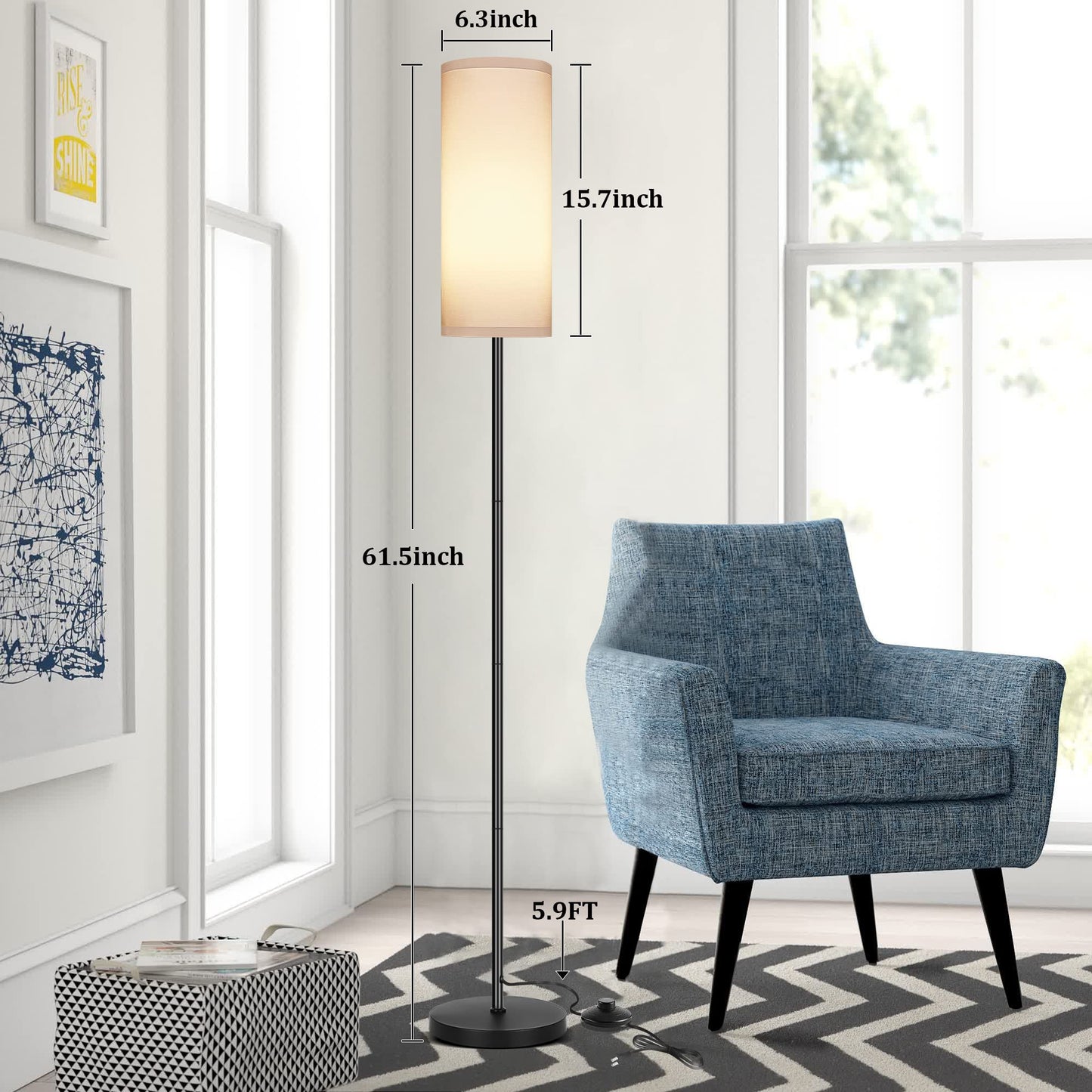 PARTPHONER Modern Standing Lamp with Lampshade, Minimalist Tall Lamp with Foot Switch for Living, Bedroom, Kids Room, Office