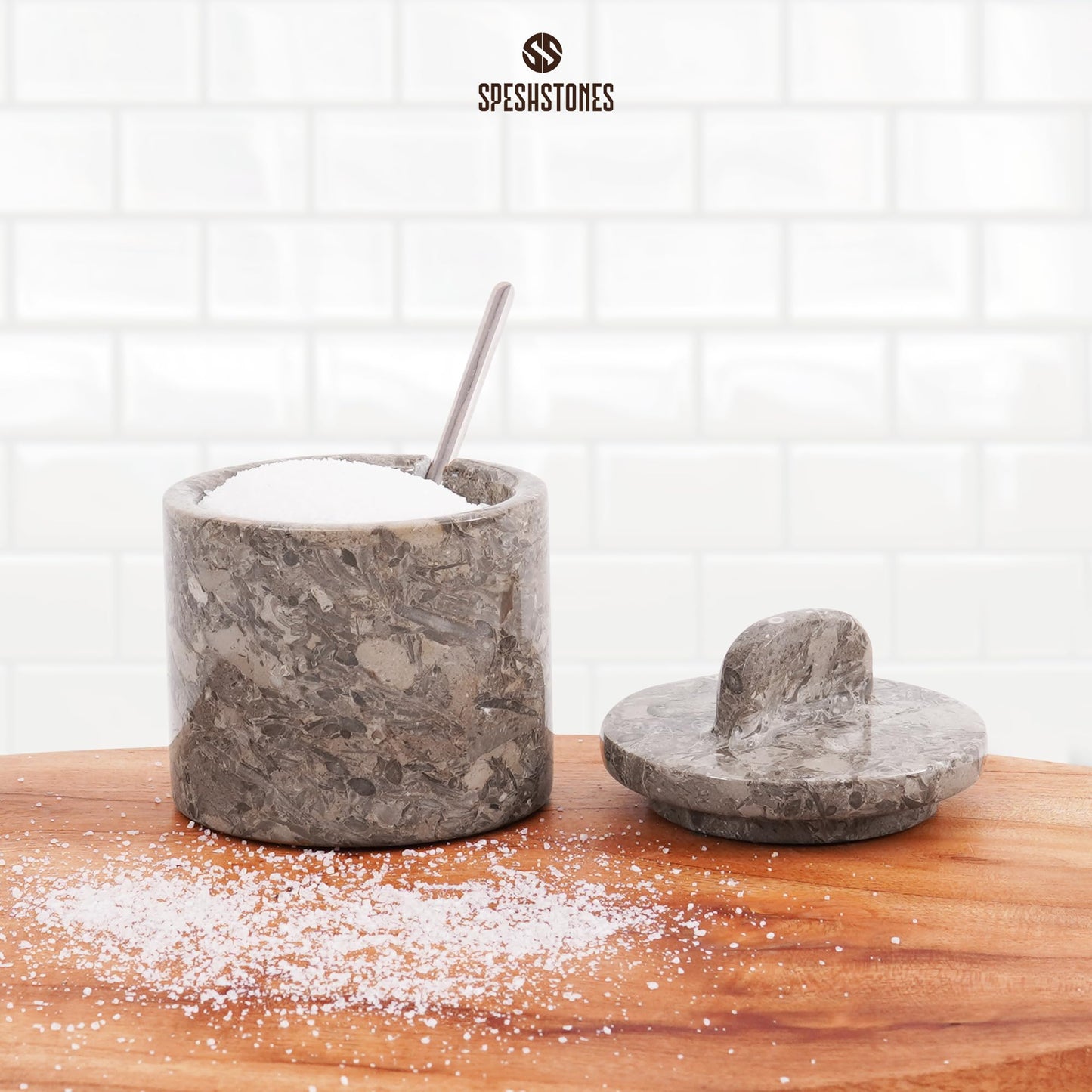 SPESHSTONES Marble Salt Cellar Handmade 4 Inch Salt Containers for Countertop - 5.2 Oz Salt Holder, Marble Sugar Bowl with Lid and Spoon, Spice Jars for Seasoning Container, Stone Salt Box