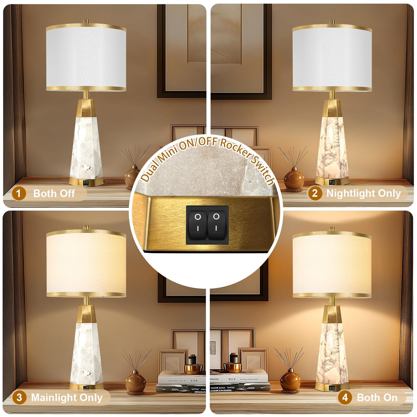KIVDITZO 27" Alabaster Table Lamps Set of 2 - Lamps for Living Room with Night Light, Bedside Lamps with White Linen Shade, Nightstand Table Lamp with USB A+C Port for Bedroom Office (Bulb Included)