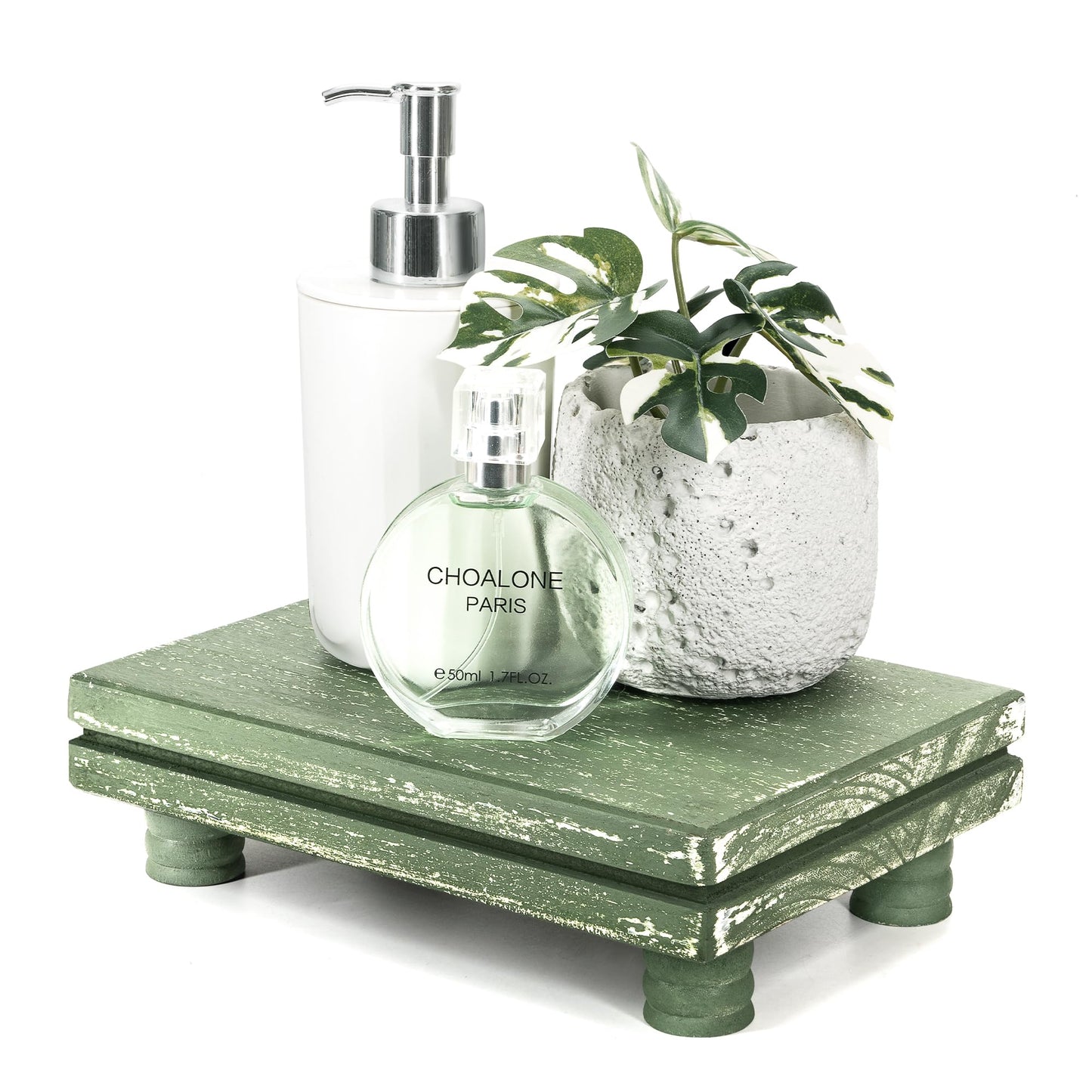 EOSAHR Rustic Wooden Risers Display Stands for Rustic Farmhouse Decor – Wood Pedestal Stand as Perfume Stand & Wood Cake Stand - Ideal for Bathroom Decor (Green)