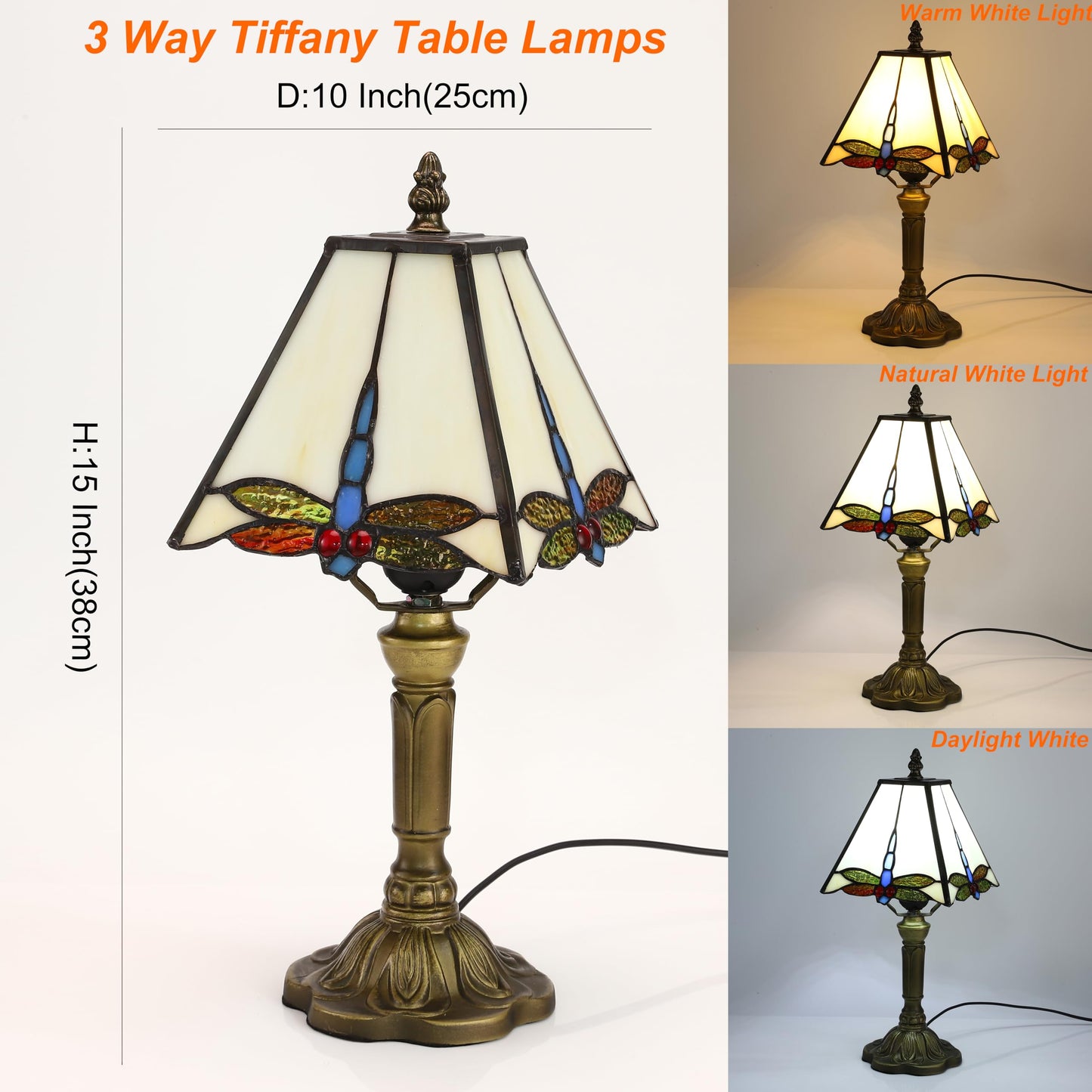 FUMAT Tiffany Table Lamps LED Bedroom Bedside 18 INCH Tall Table Lamp Rose Flower Grape Stained Glass Lamp for Table Lamps (White Dragonfly-8X8X15INCH)