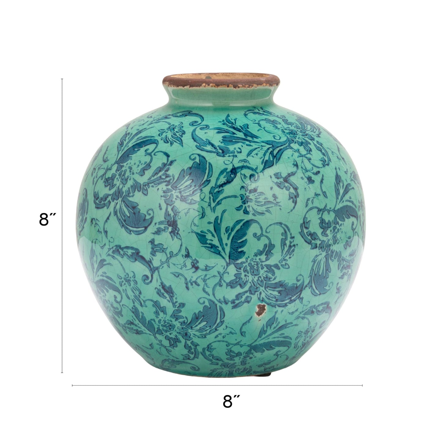 Creative Co-Op Round Decorative Terra-Cotta Vase with Transferware Pattern, Aqua