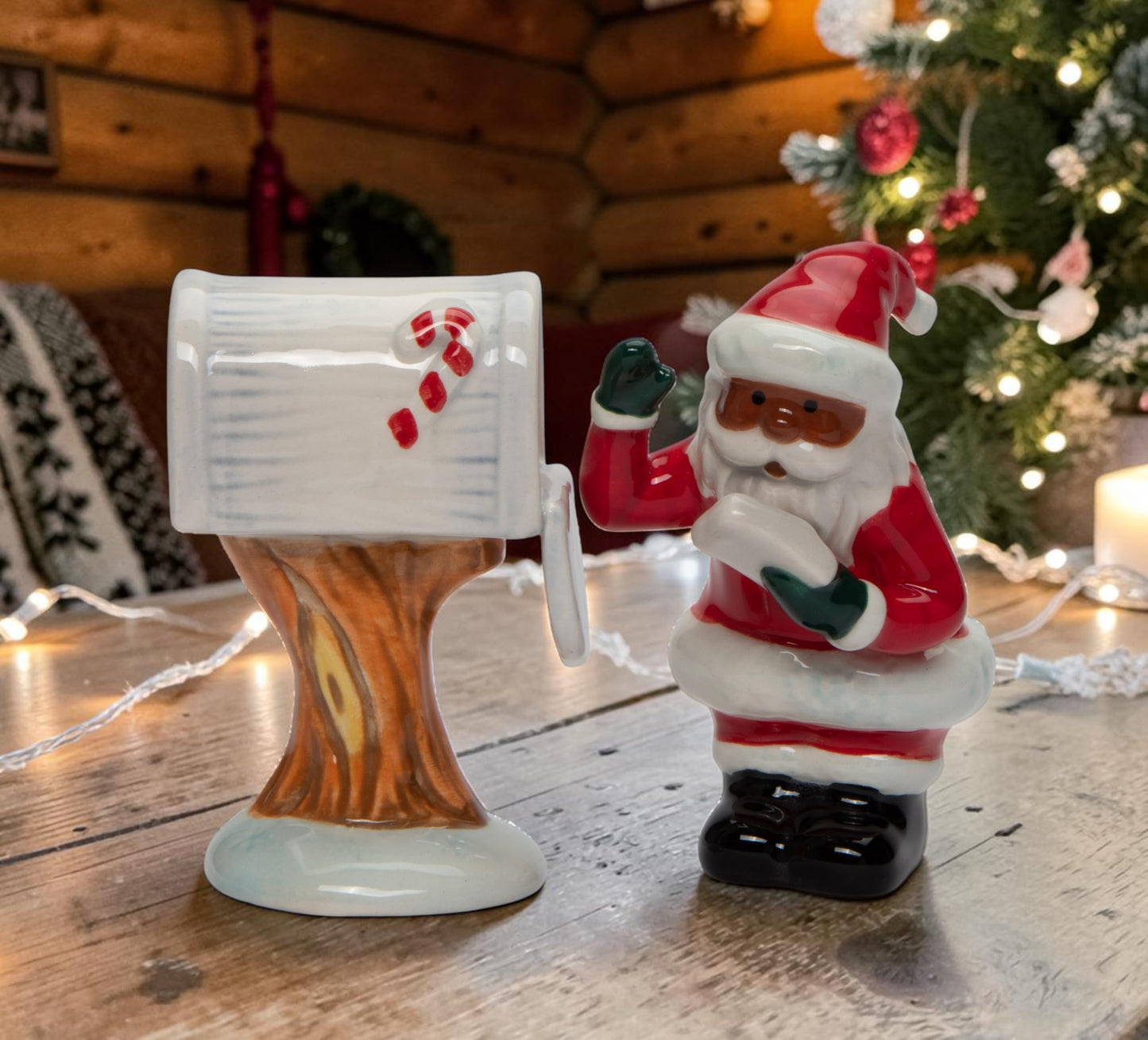 Fine Ceramic African American Black Christmas Santa Checking Mail Box Salt & Pepper Shakers Set, 3-1/2" H