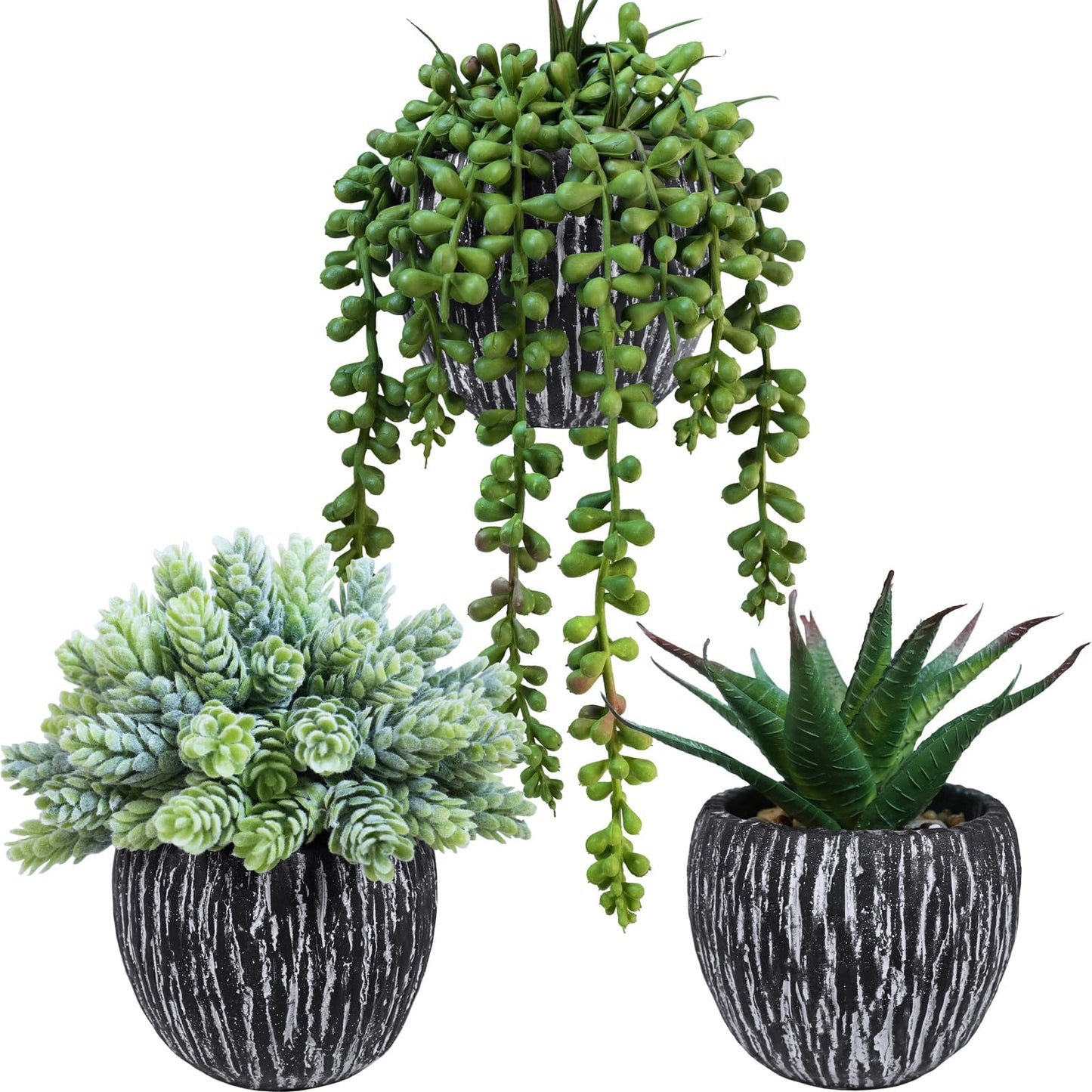 Winlyn Set of 3 Artificial Succulent Plants in Black Pots Fake Hops Aloe String of Pearls Potted Plants Small Faux Plants Desk Plants for Home Office Desk Kitchen Bathroom Shelf Windowsill Decor