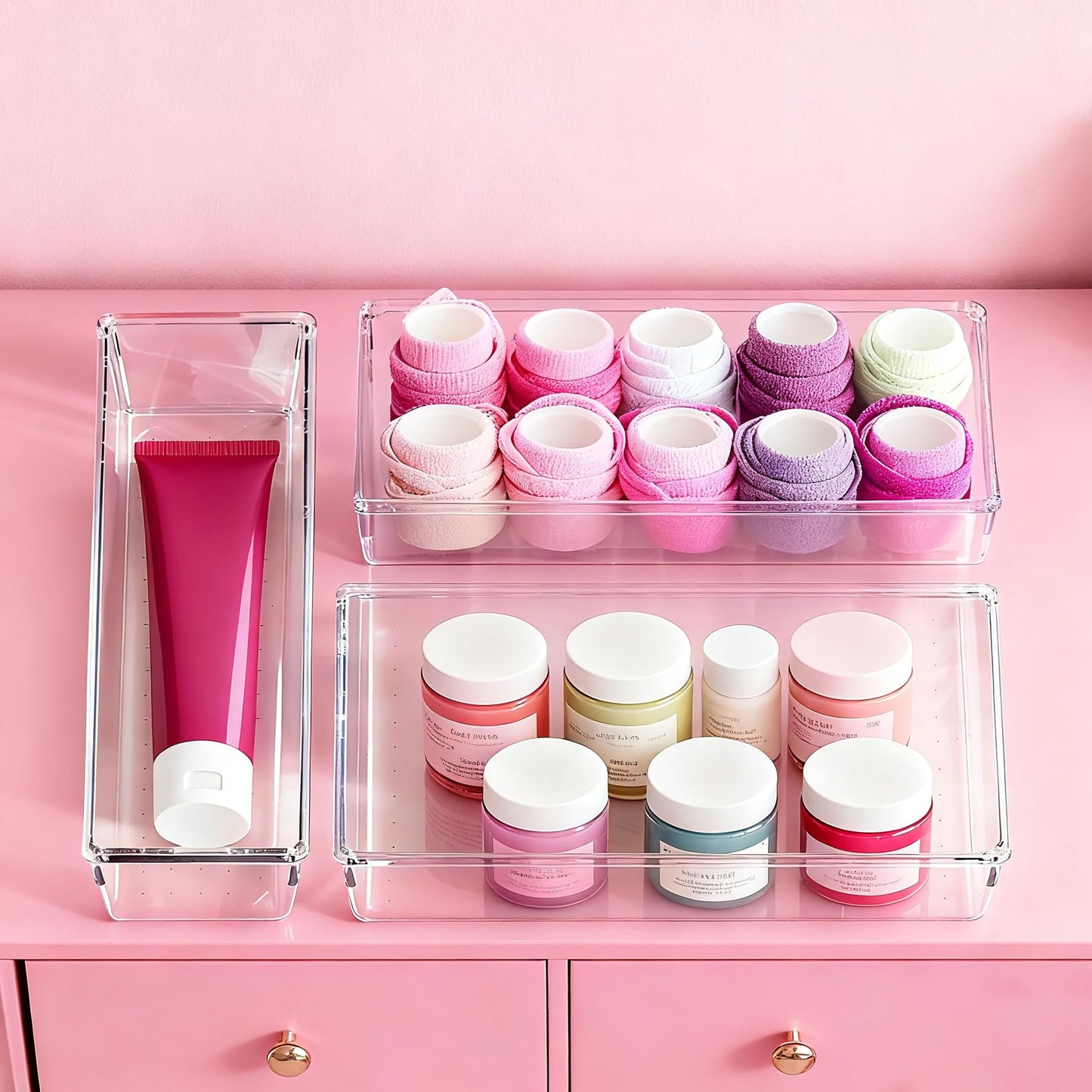 Criusia Large Drawer Organizer Bins 26 Pack | Complete 5 Size Clear Plastic Kitchen Drawer Organizers for Utensils | Bathroom Drawer Organizer Trays | Versatile for Makeup Office Organization