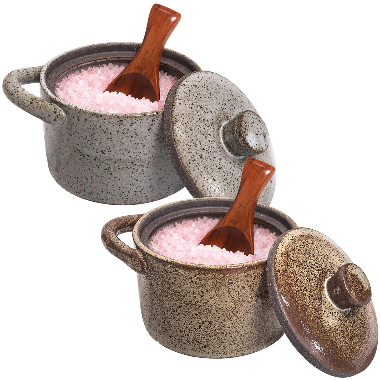 2 Set Speckled Ceramic Salt Cellar with Lid and Wooden Spoon, Vintage-Inspired Kitchen Storage, Farmhouse Salt Pepper Cellar Holder, Thoughtful Housewarming Gift for Sea Salt, Granulated Sugar